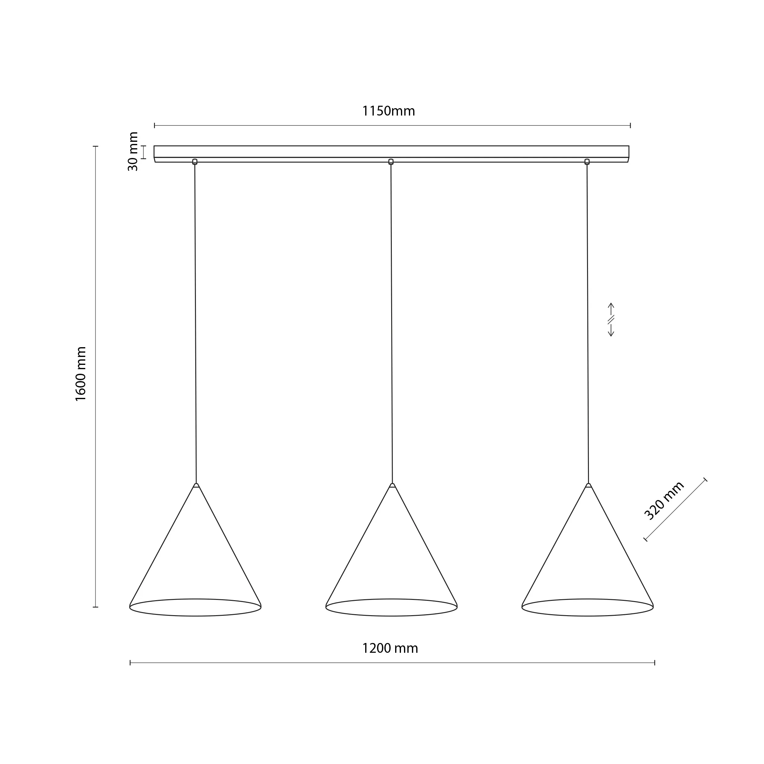 Lampa wisząca CONO czarna na metalowej listwie 160x120x32cm - TK_10060