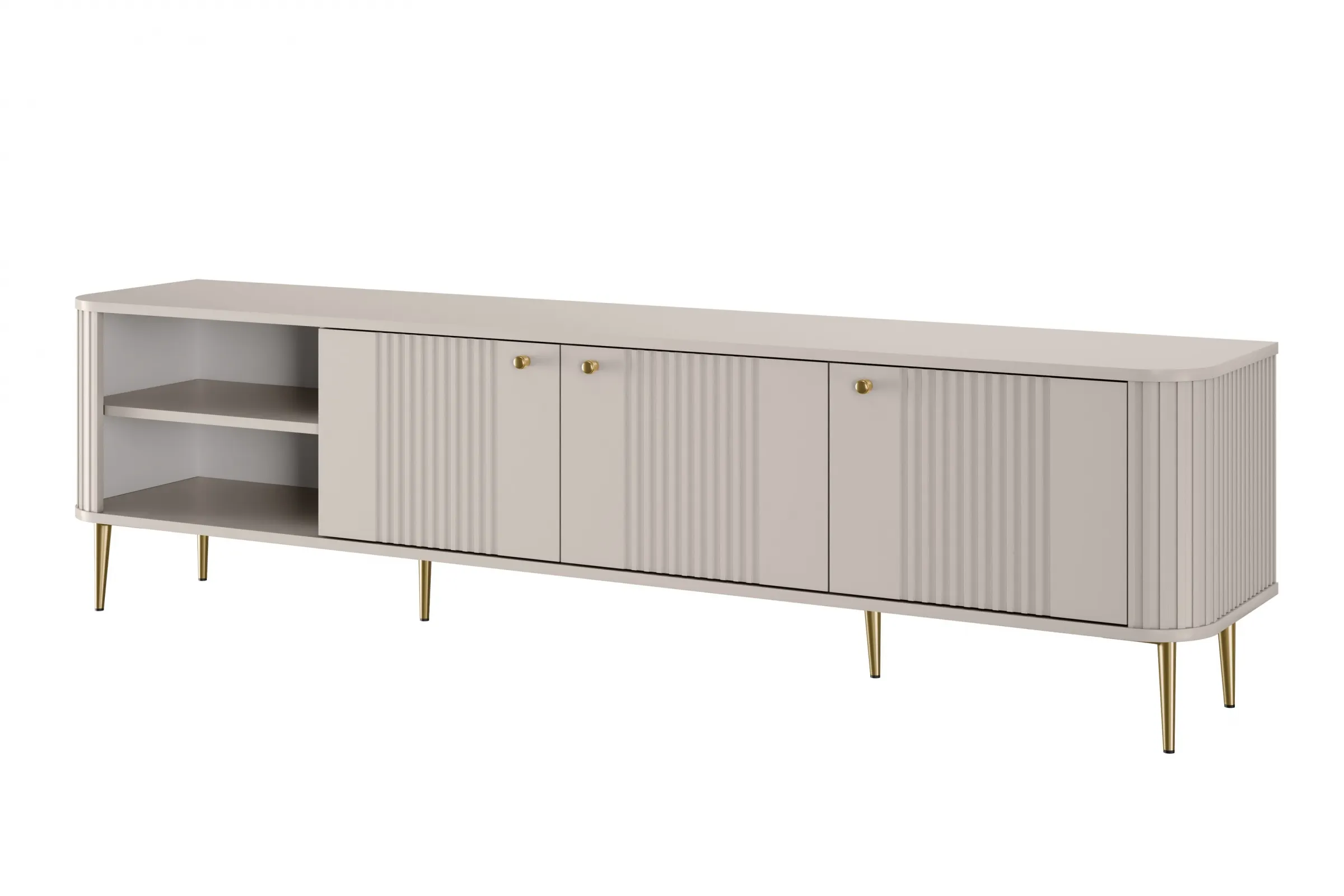 Szafka RTV 3-drzwiowa VESPER RTV 187 ryflowany front cashmere złote nogi Meble, Kredens, Szafka