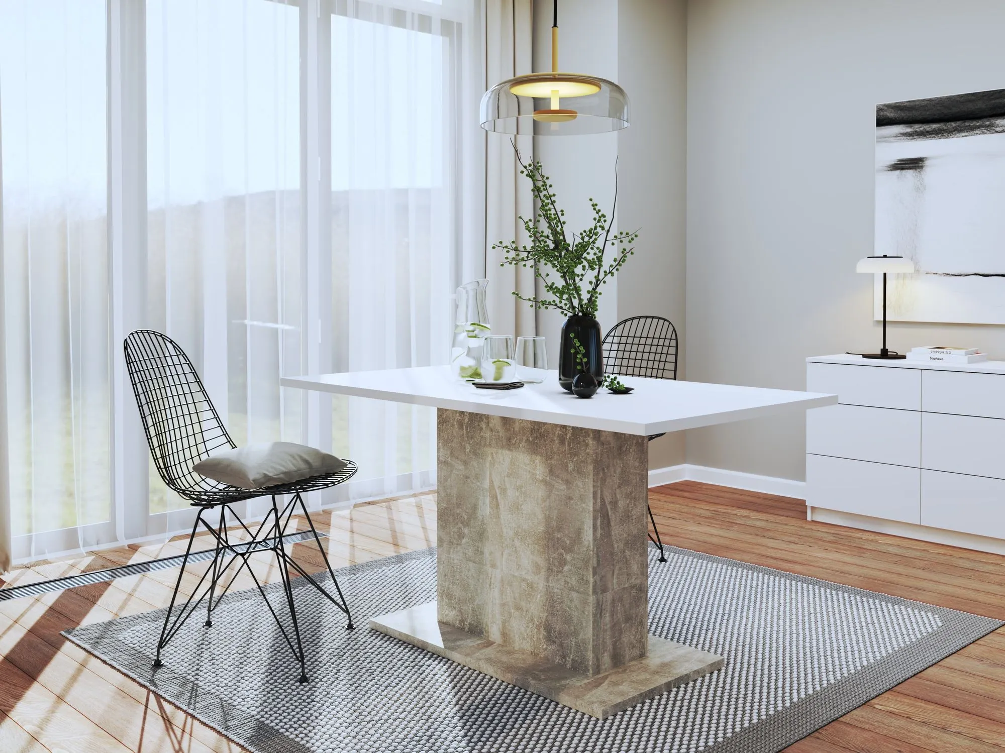 Stół na podstawie THEO 80x138 biały blat podstawa beton jasny