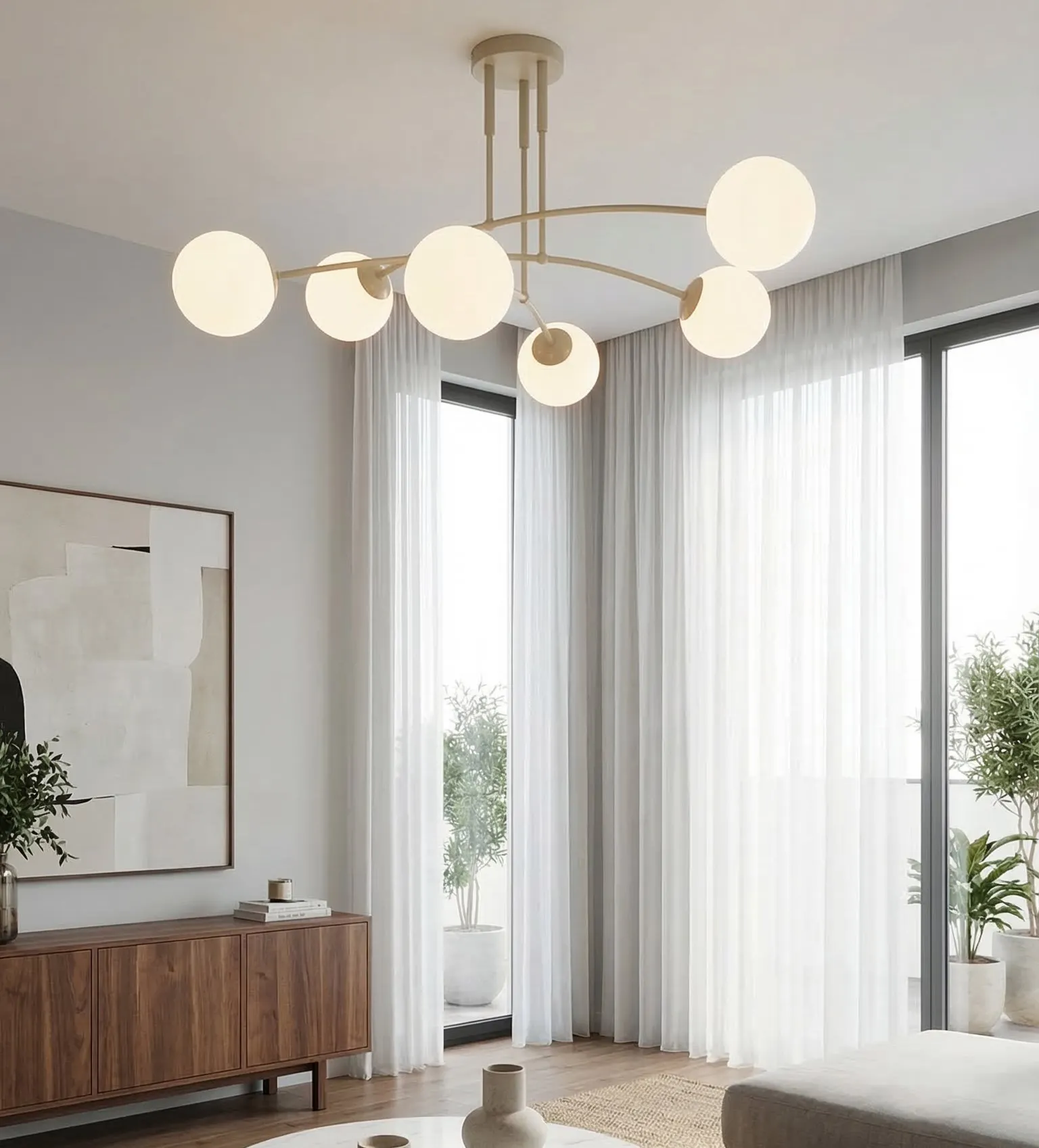 image lampa sufitowa, globowe klosze, metalowa konstrukcja, białe klosze, nowoczesny design