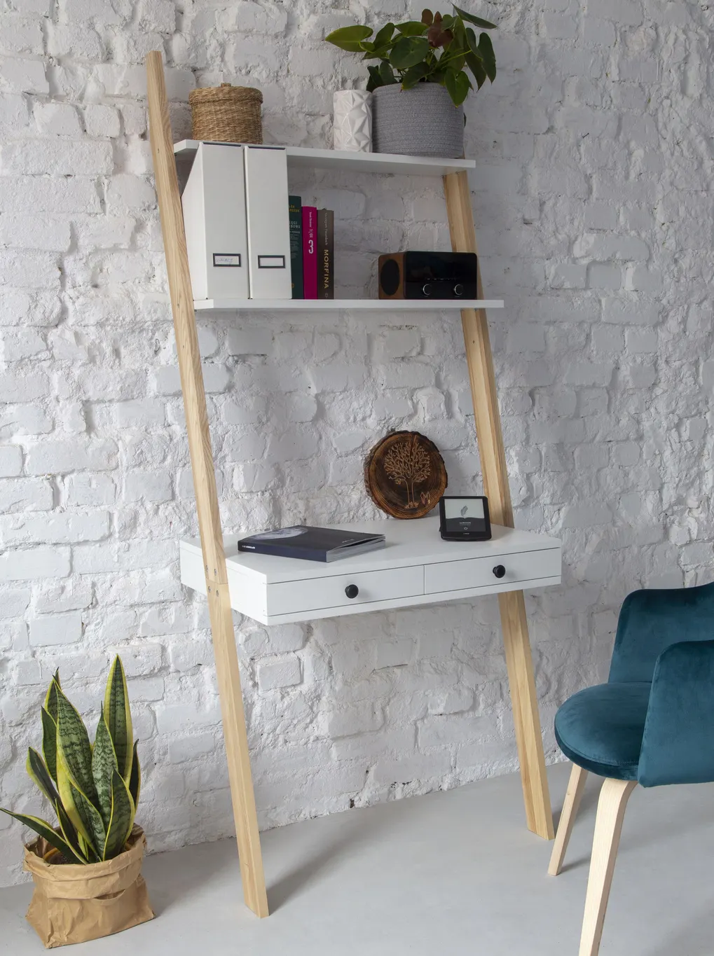 Biurko pionowe z szufladami i półkami LENO 79x183 miętowt blat/jesionowe nogi - NRAGABALSD111