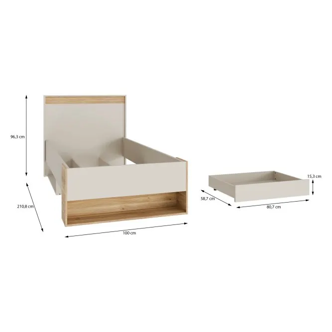 image łóżko z szufladami, drewniana konstrukcja, białe panele, front drewniany, rozmiar 100 cm