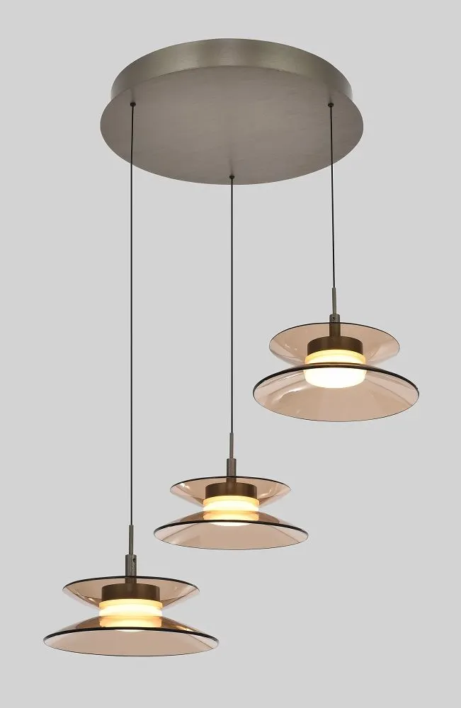 lampa wisząca, trzy lampy, metal, szklane osłony, kolor brązowy