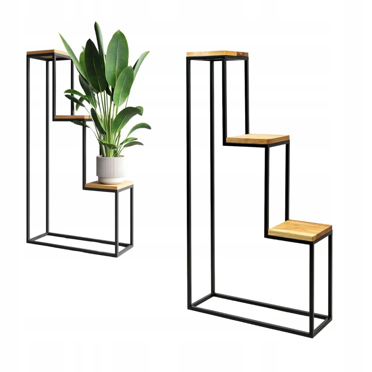 Kwietnik stojący 3-poziomowy NICEA L metal drewno czarny naturalny Półka, Roślina, Roślina doniczkowa, Słoik, plantator