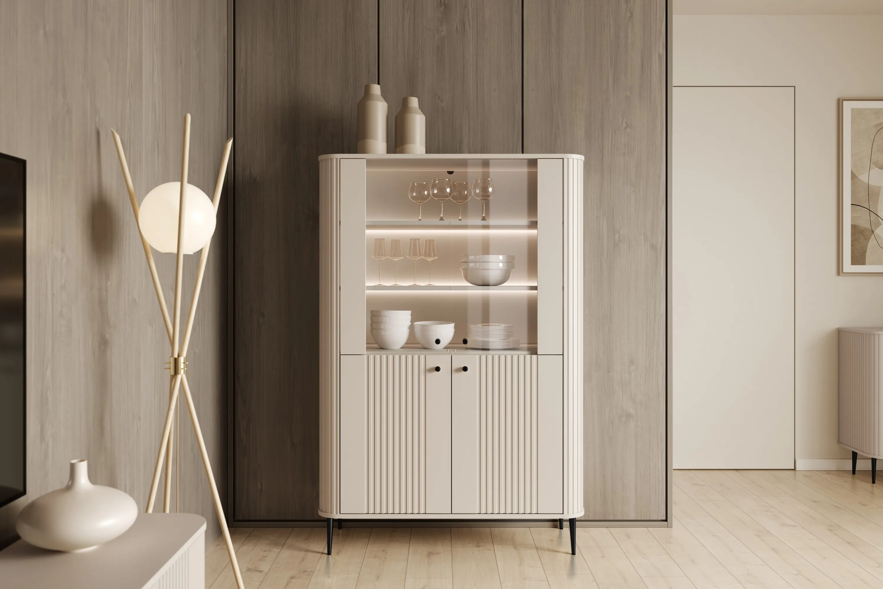 Witryna 4-drzwiowa z oświetleniem VESPER 103 ryflowany front cashmere czarne nogi - B_167220