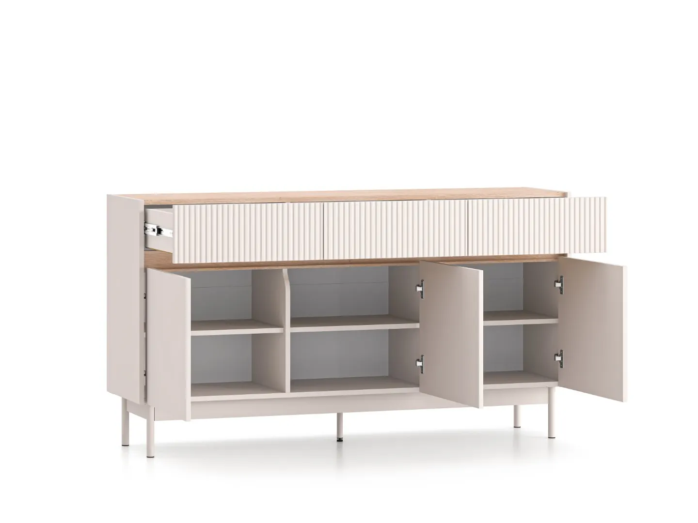 Komoda 3-drzwiowa z szufladami DUNEA 154x85 ryflowana kaszmir - dąb cremona