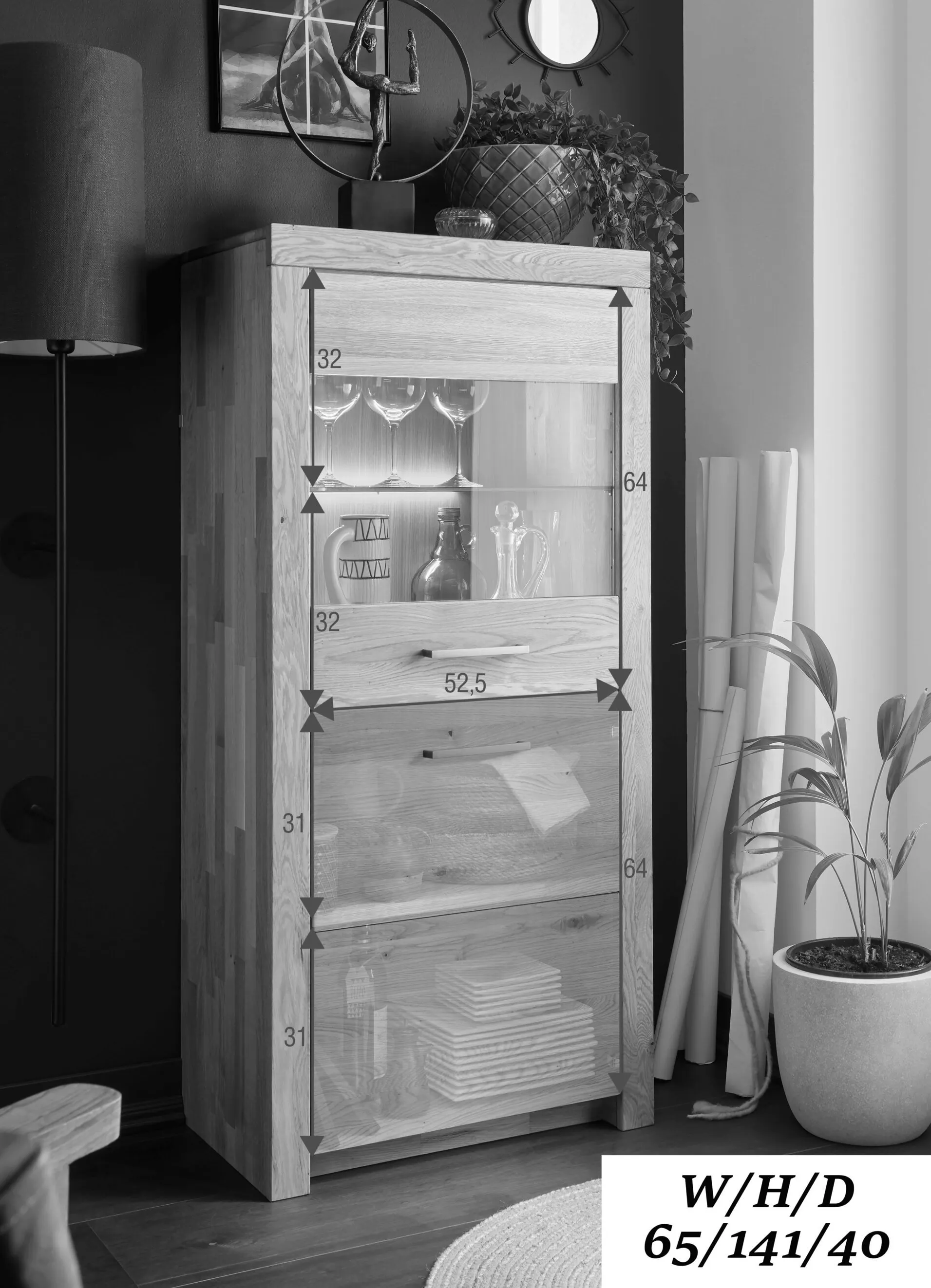 Kredens 1-drzwiowy dębowy z przeszkleniem DOVE 65x141 - GK_1031690601