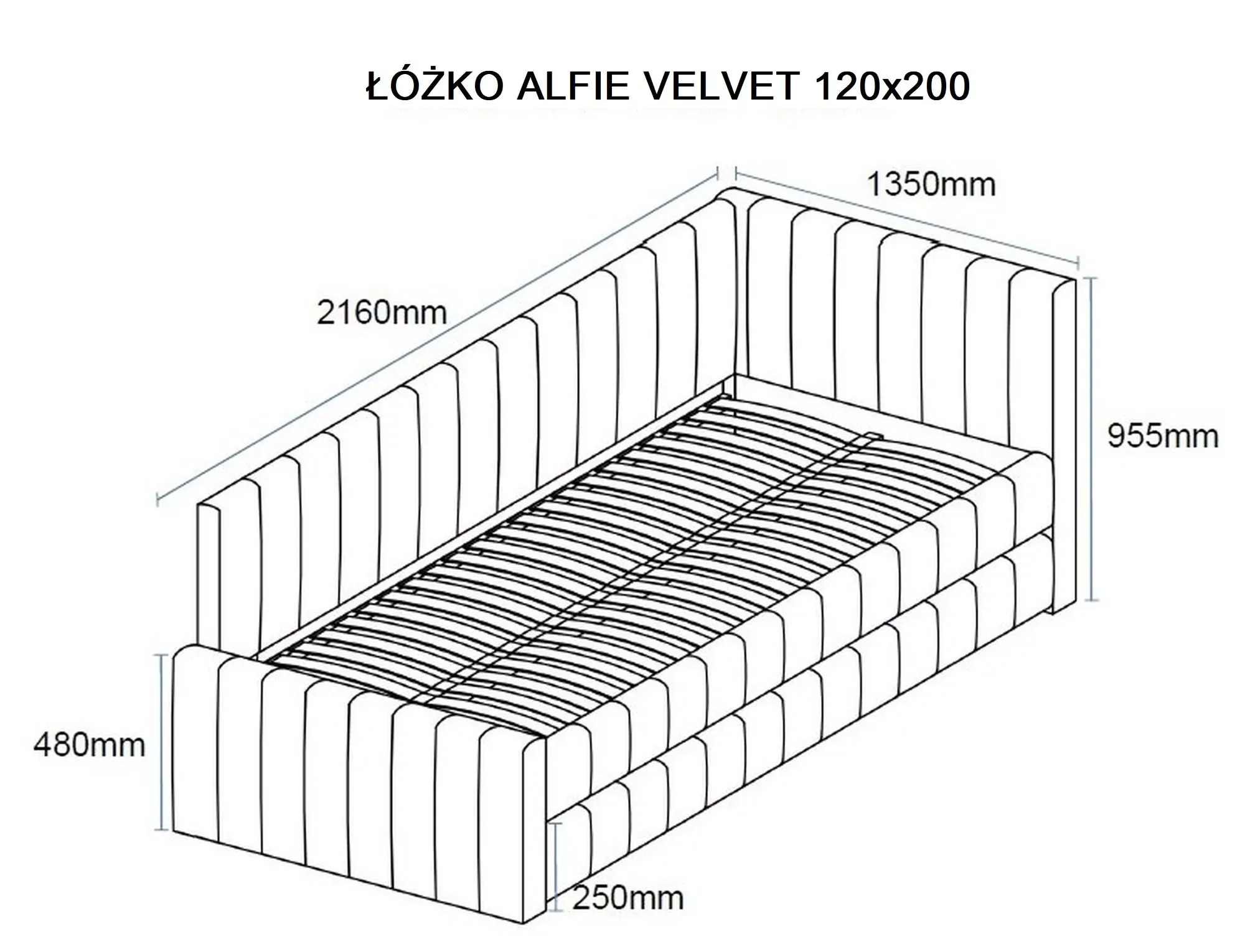 Łóżko podwójne ALFIE VELVET 120X200 Bluvel 14 szary Signal — zdjęcie 3