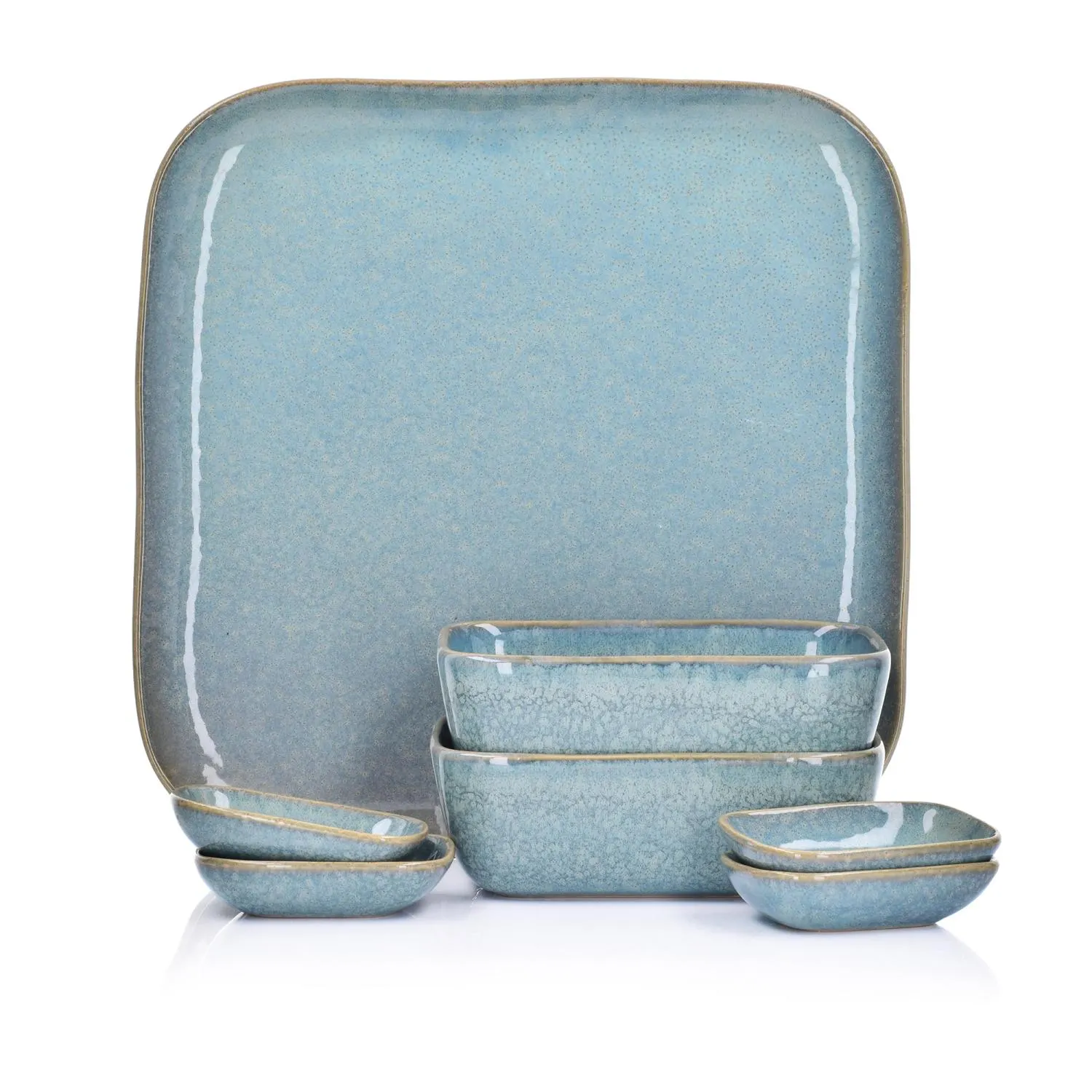 image talerze, komplet naczyń, ceramiczny, niebieski, glazura krystaliczna