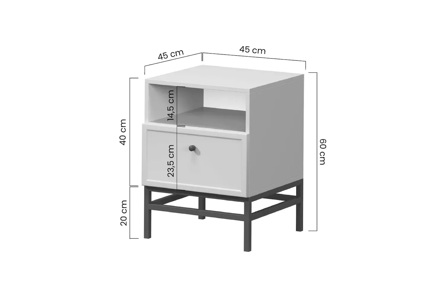 Szafka nocna z szufladą i półką LORINI 45 - cashmere gałka czarna stelaż czarny - B_166684