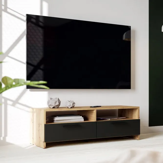 image telewizor, stolik pod telewizor, szafka RTV, karniszowy drewniany, czarne szuflady