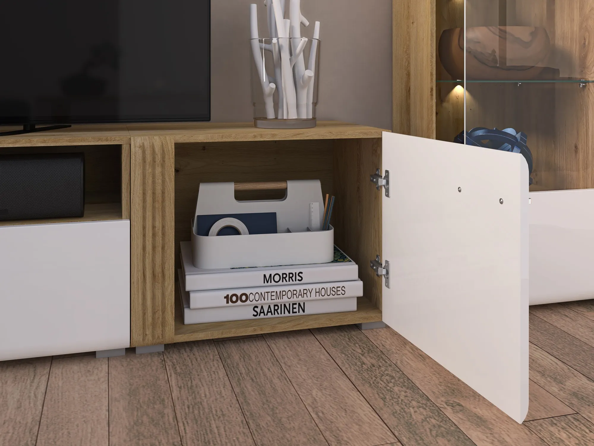 Dostawka do szafki RTV ADAGIO 08 dąb castello, biały połysk - 1ADAG08-001