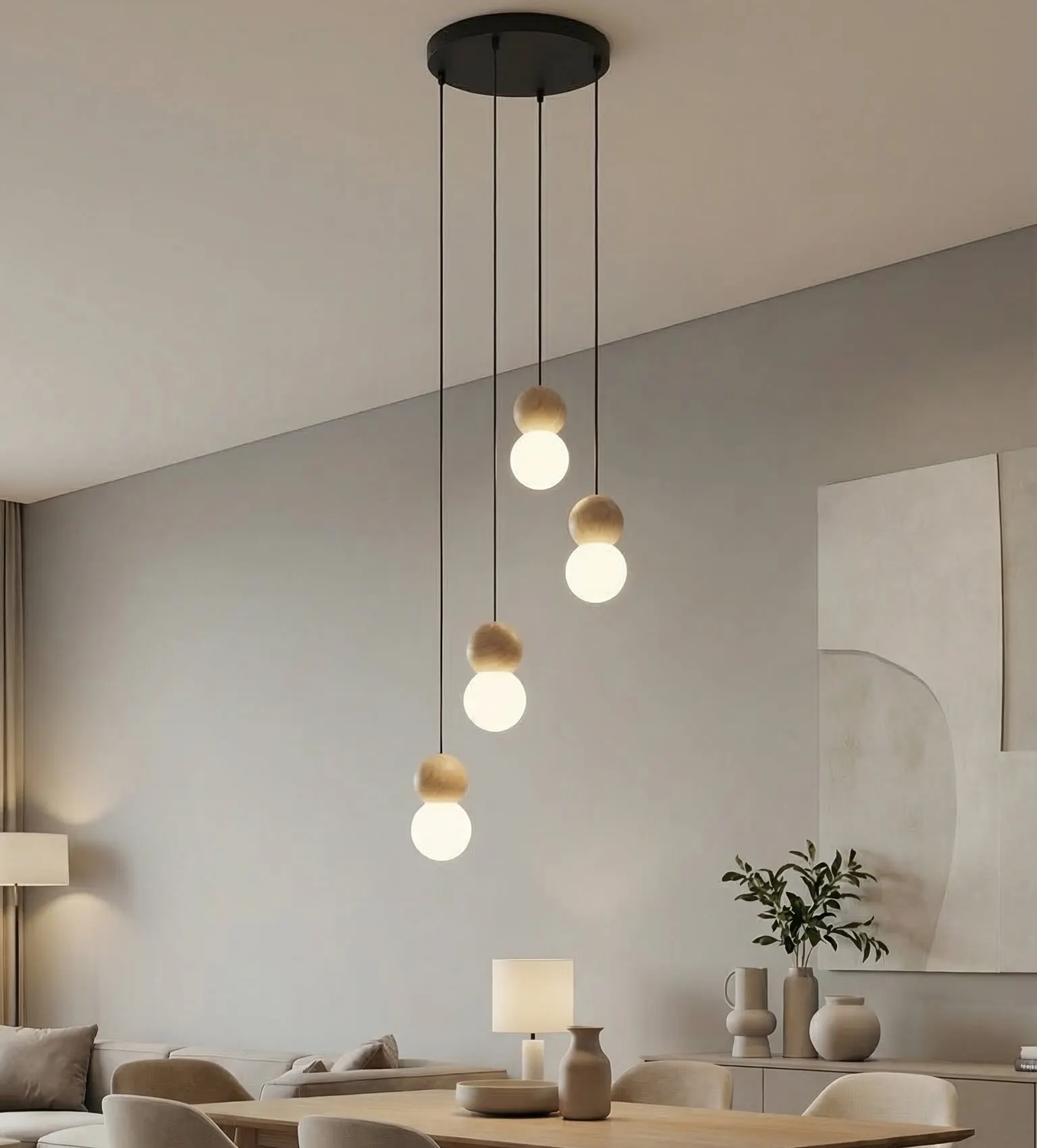 lampa wisząca, pendant lamp, kule LED, drewniane elementy, zestaw czterech szklanki? 