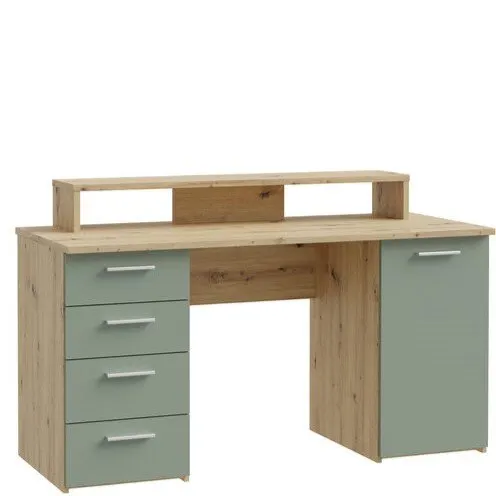 Biurko NET106 z szafką, 4 szufladami i nadstawką - dąb artisan, miętowy