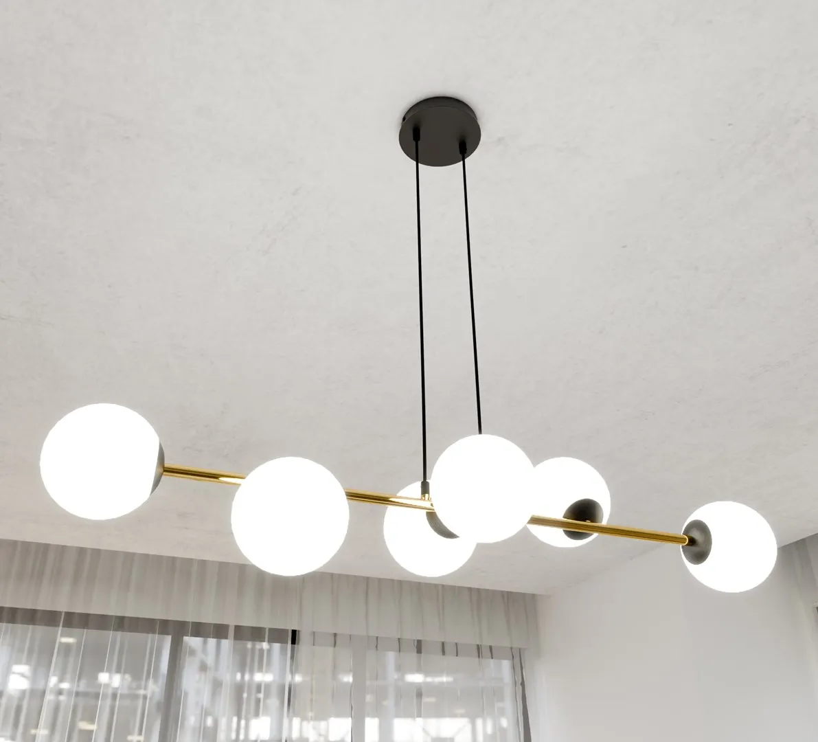 lampa wisząca, kule świetlne, złoty element, minimalistyczna, czarne przewody