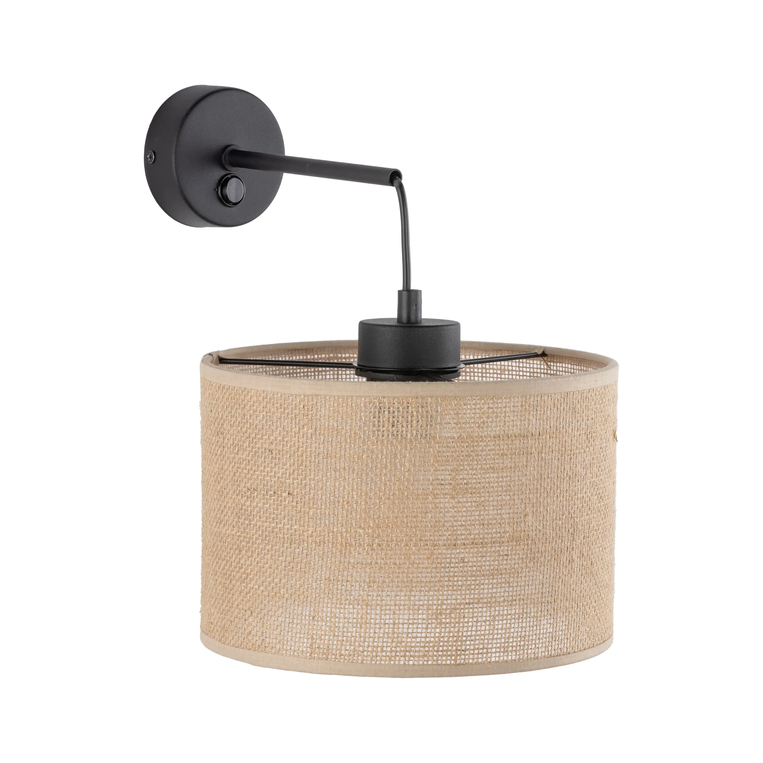 Kinkiet JUTA czarny z brązowym okrągłym abażurem z tkaniny plecionki z włącznikiem 30x22cm - TK_6858