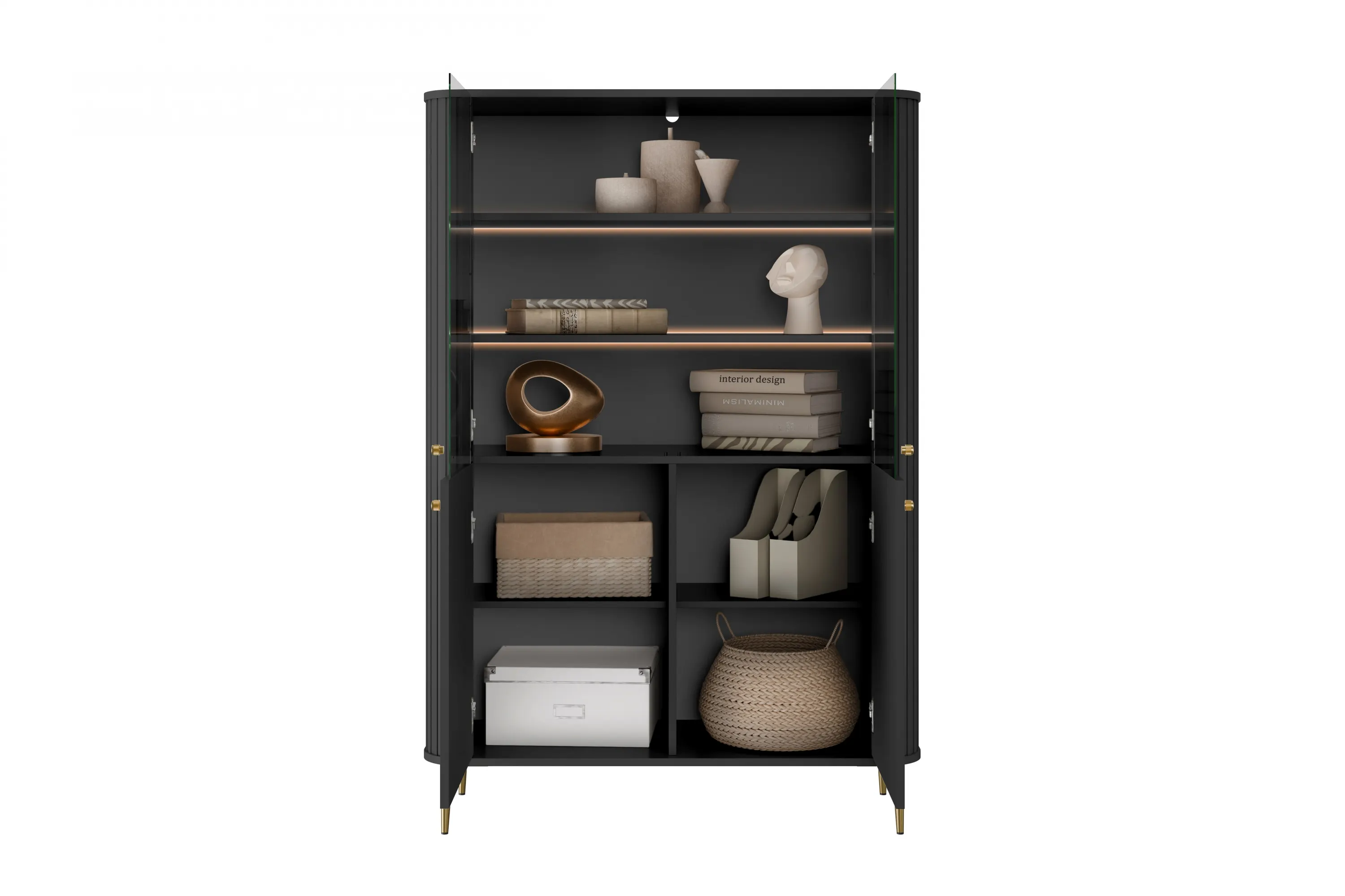 Witryna 4-drzwiowa z oświetleniem VESPER 103 ryflowany front czarny złote nogi - B_167227