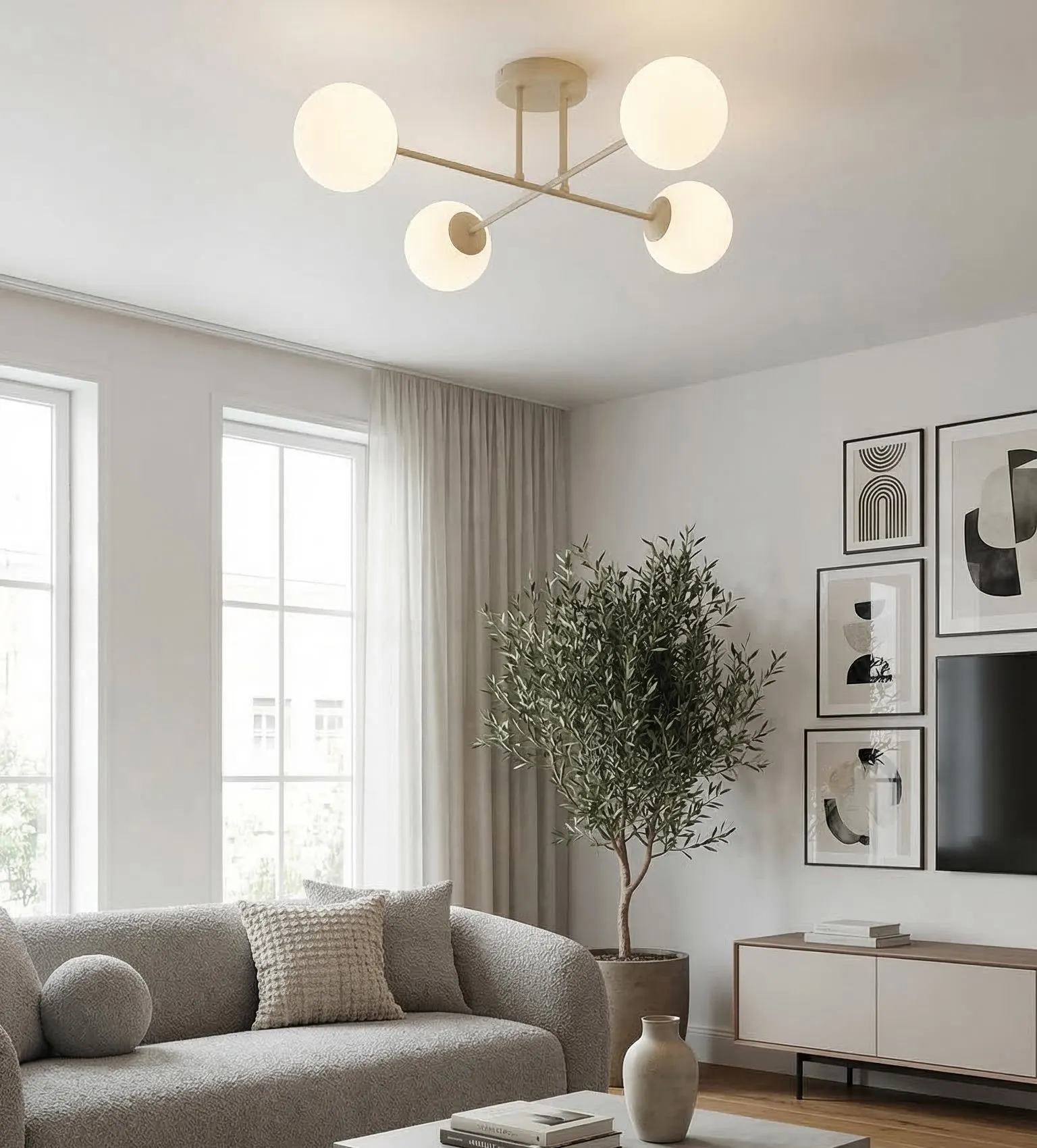 image lampa sufitowa, kule światła, nowoczesny styl, salon, drzewo fikus w doniczce