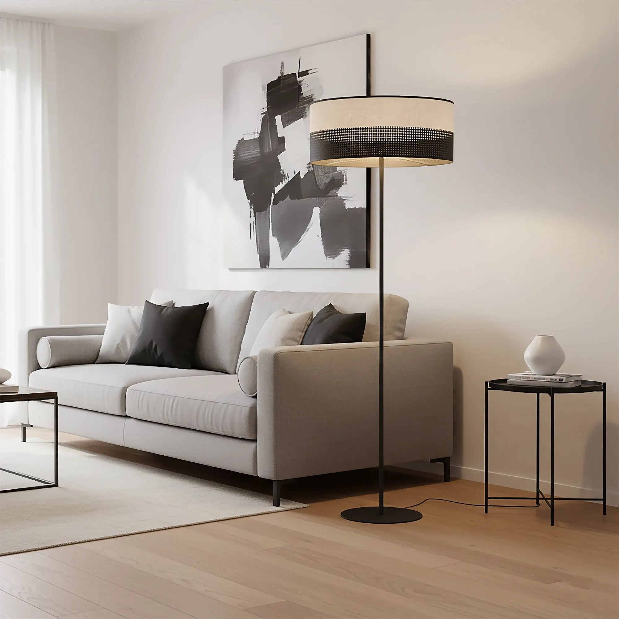 sofa, sofa dwuosobowy, szara kanapa, lampa stojąca, obraz abstrakcyjny