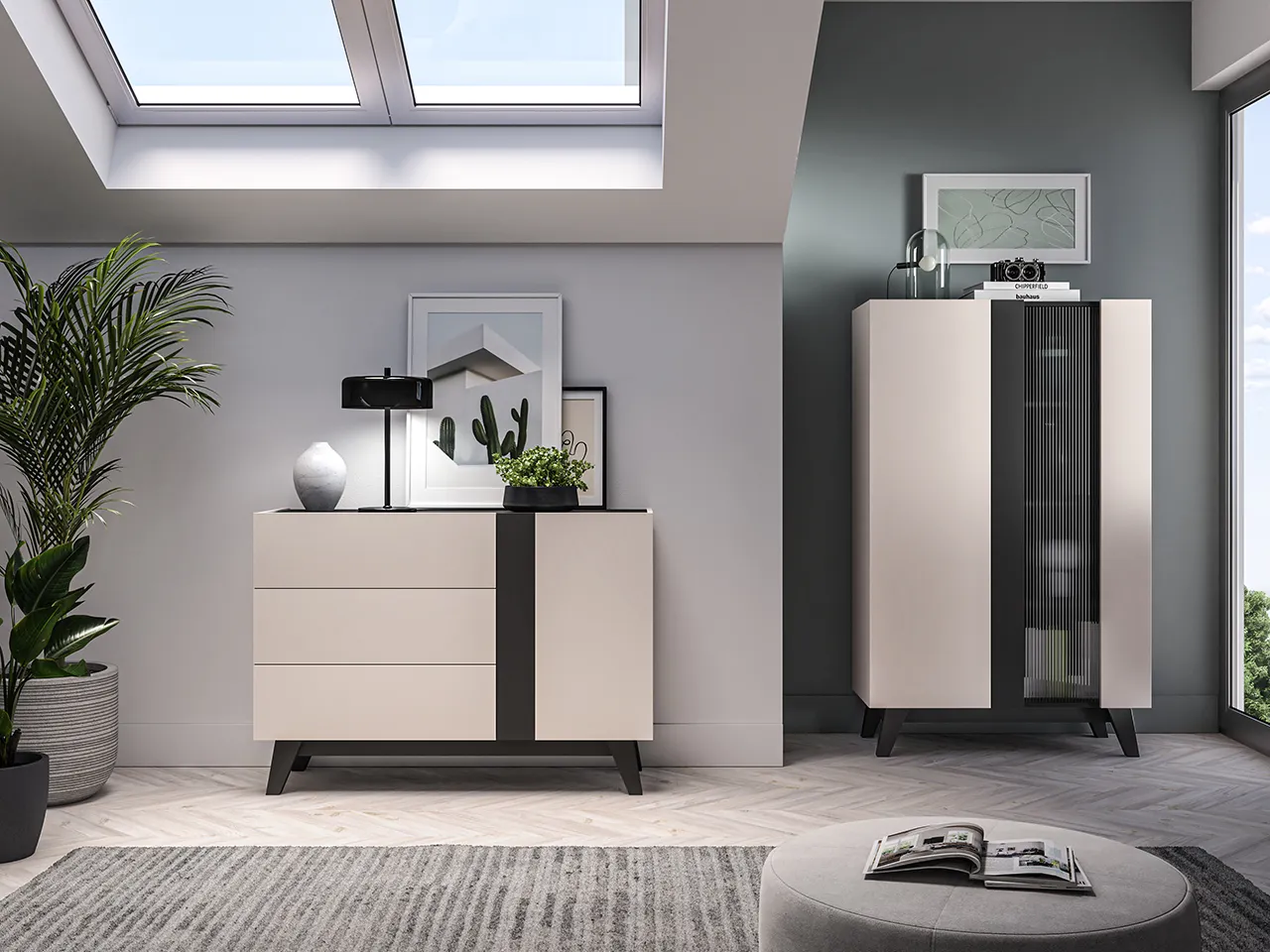 Komoda z półkami i szufladami FRESHION 120 cm beżowo-czarna - 1FRES04-001