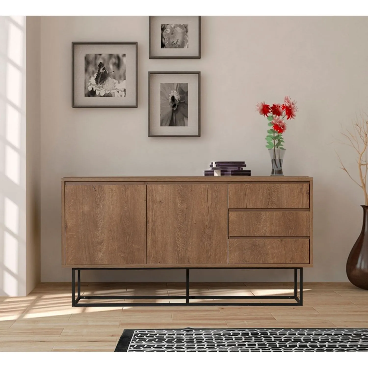 Komoda drewniana 2-drzwiowa z 3 szufladami RUBA 140 cm na metalowym stelażu kolor orzech — zdjęcie 8