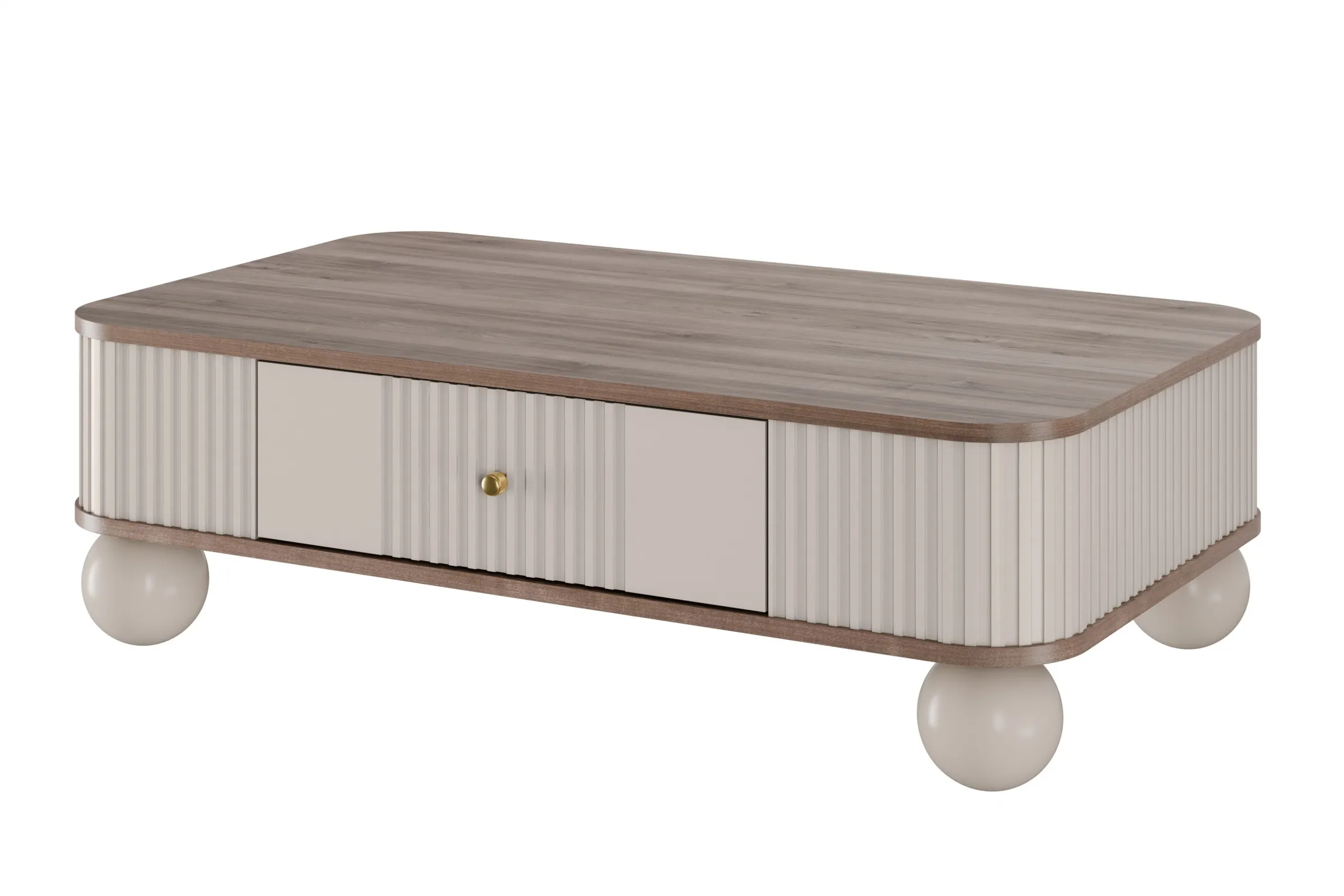 Stolik kawowy z szufladą VESPER 103 ryflowany front cashmere złote uchwyty nogi kule