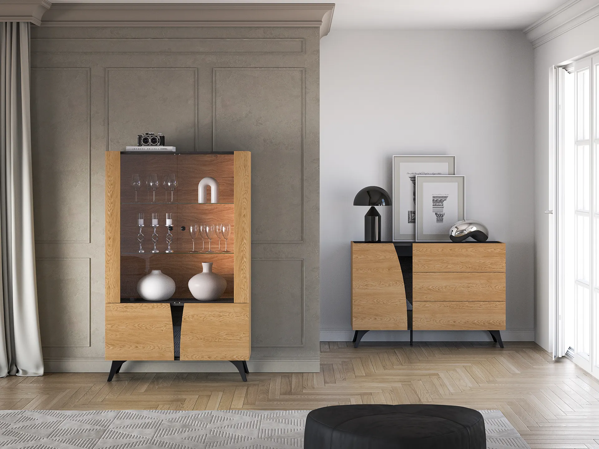 Witryna niska 2-drzwiowa TOSCANIA 03 dąb baltic dune jesion prestige czarny — zdjęcie 9
