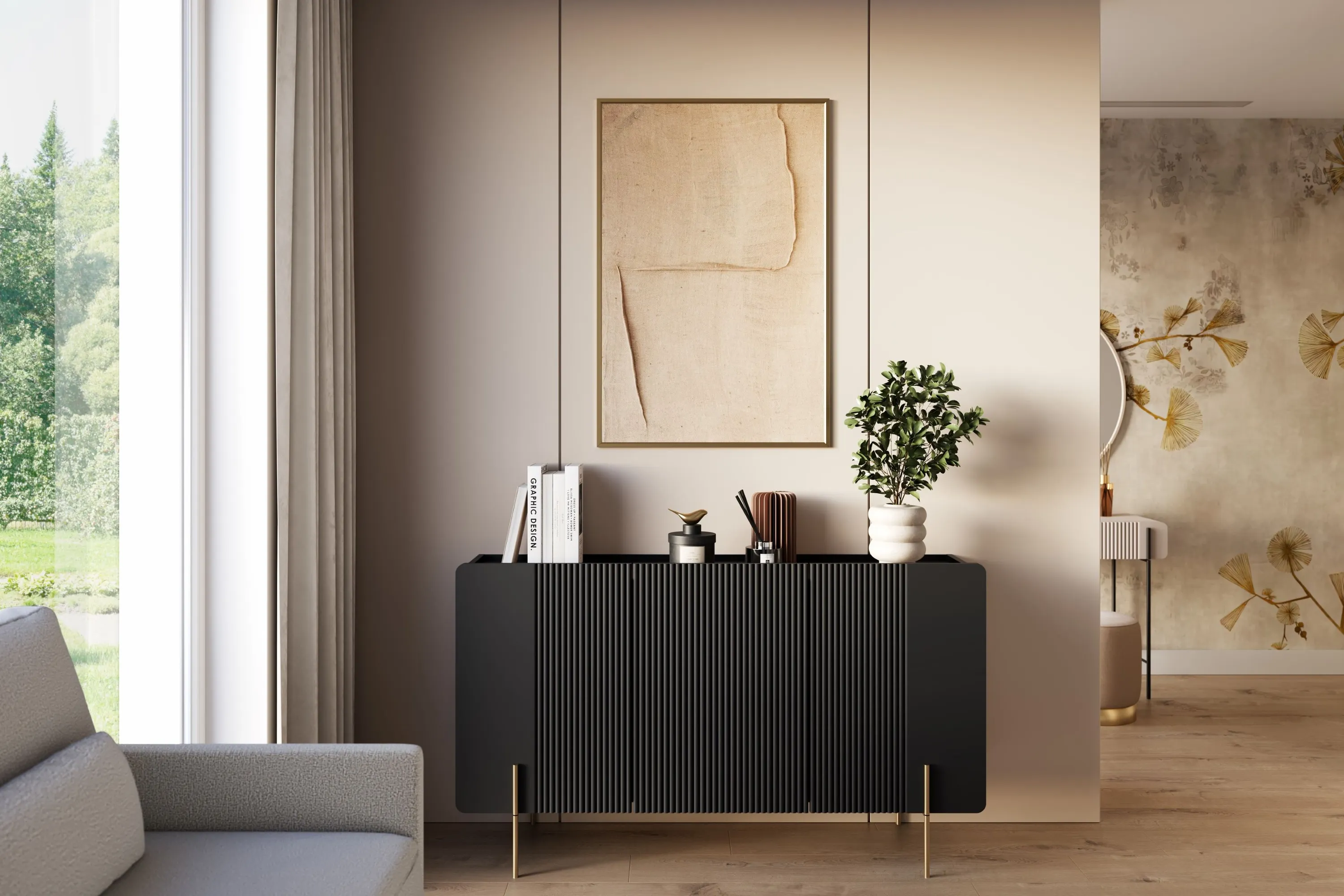 Komoda 3-drzwiowa MALMI 150cm - czarna złote nogi - B_166974