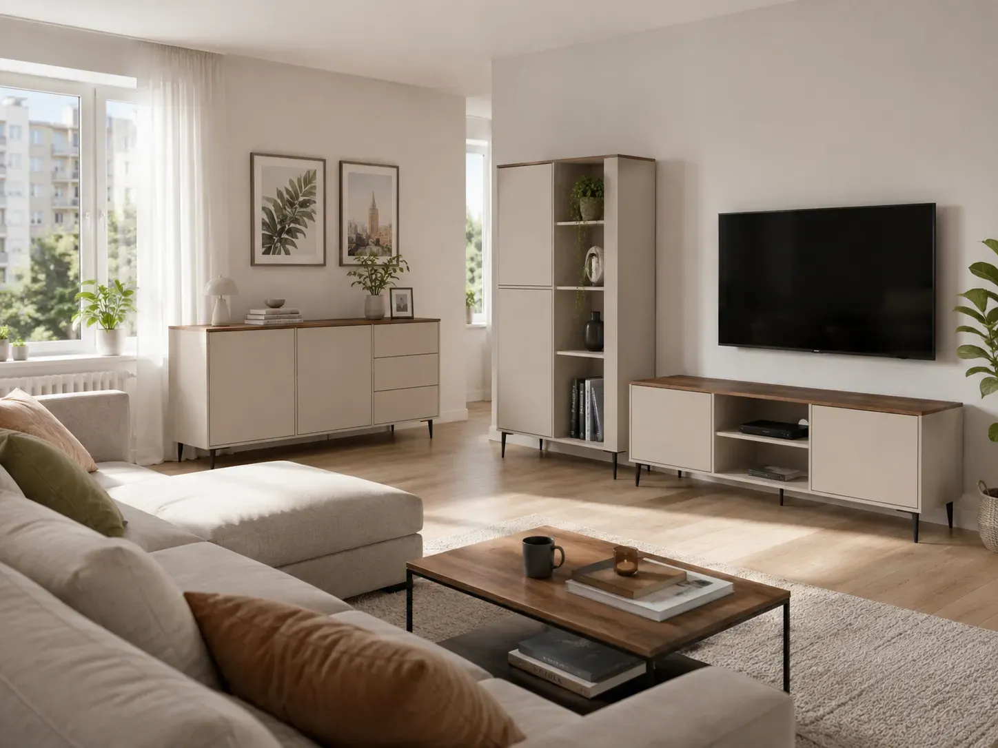 sofa, living room, coffee table, tv stand, cabinet
