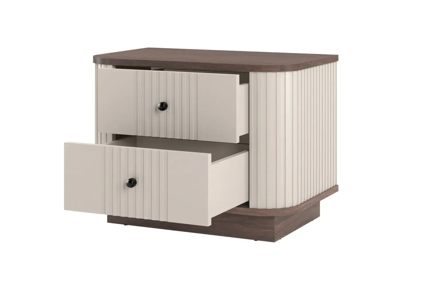 Zestaw szafka nocna z 2 szufladami VESPER 2-set ryflowany front - cashmere orzech czarne uchwyty cokół - B_169469