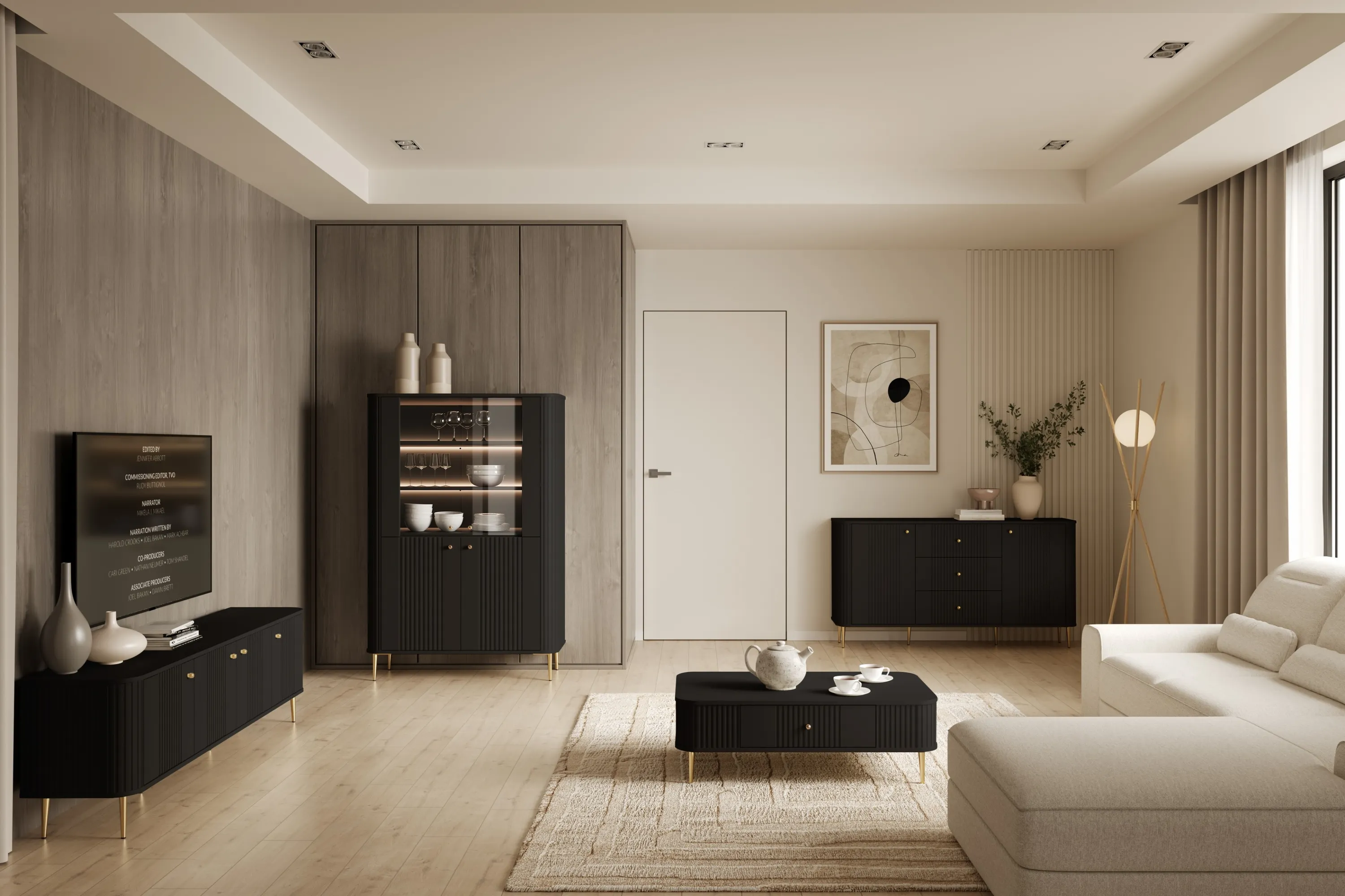 Witryna 4-drzwiowa z oświetleniem VESPER 103 ryflowany front czarny złote nogi - B_167227