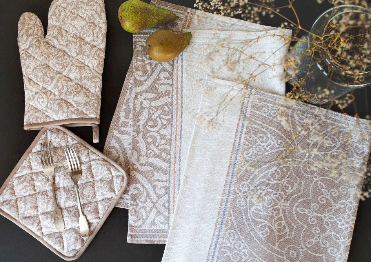 Zestaw kuchenny 4-czesciowy ETNO 001 podkładka rękawica 2x ścierka beżowy - FARO_28506