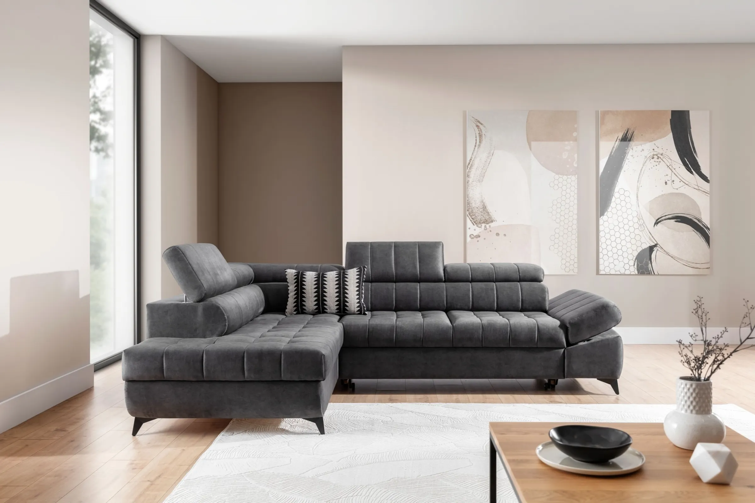 Narożnik rozkładany lewostronny VALORIS (Zetta 305) 280x200 cm regulowane zagłówki i podłokietniki grafitowy - B_162430