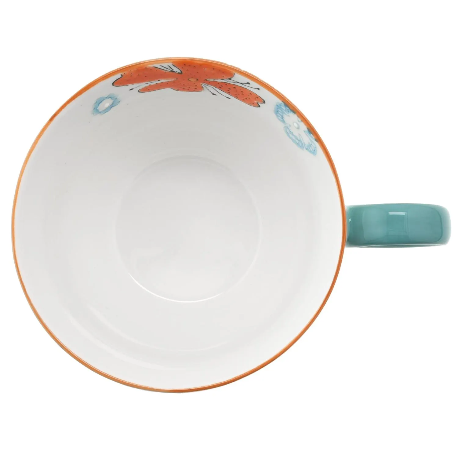 mug, cup, ceramic, orange rim, turquoise handle