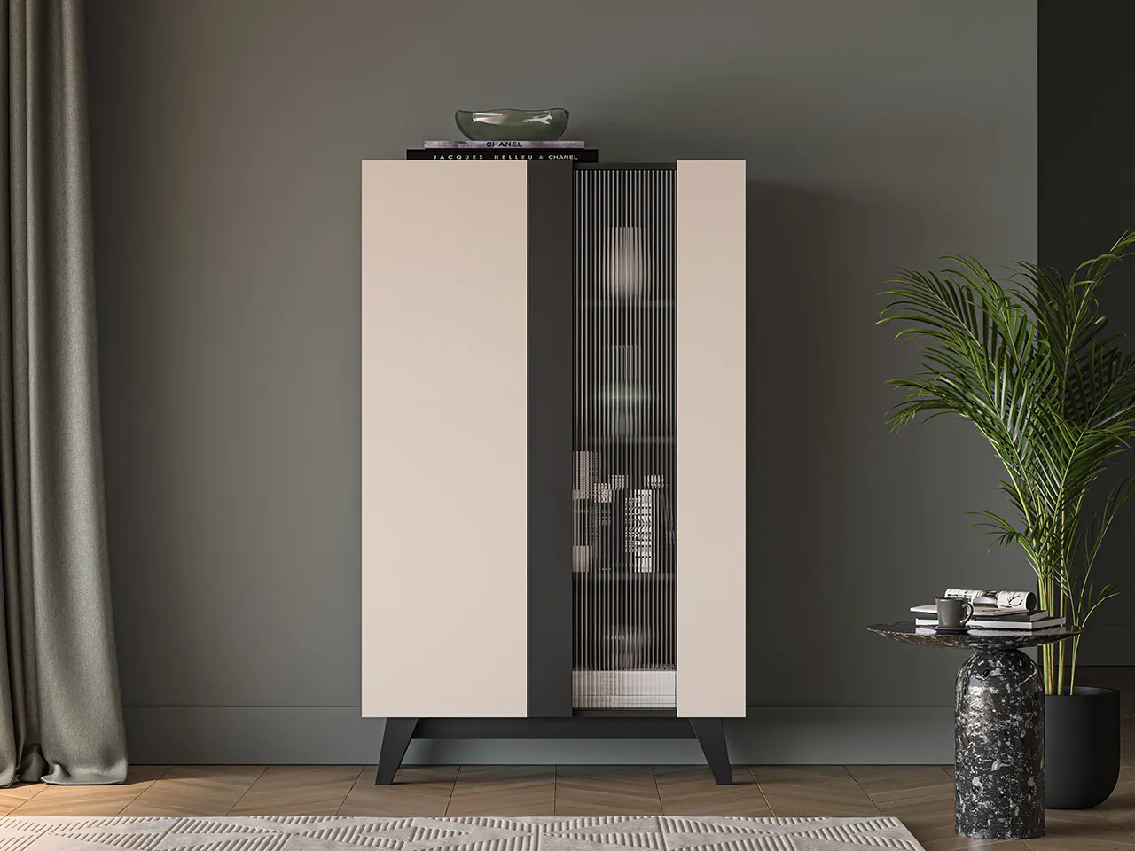 Witryna szklana 2-drzwiowa FRESHION 155 cm beżowo-czarna - 1FRES02-001