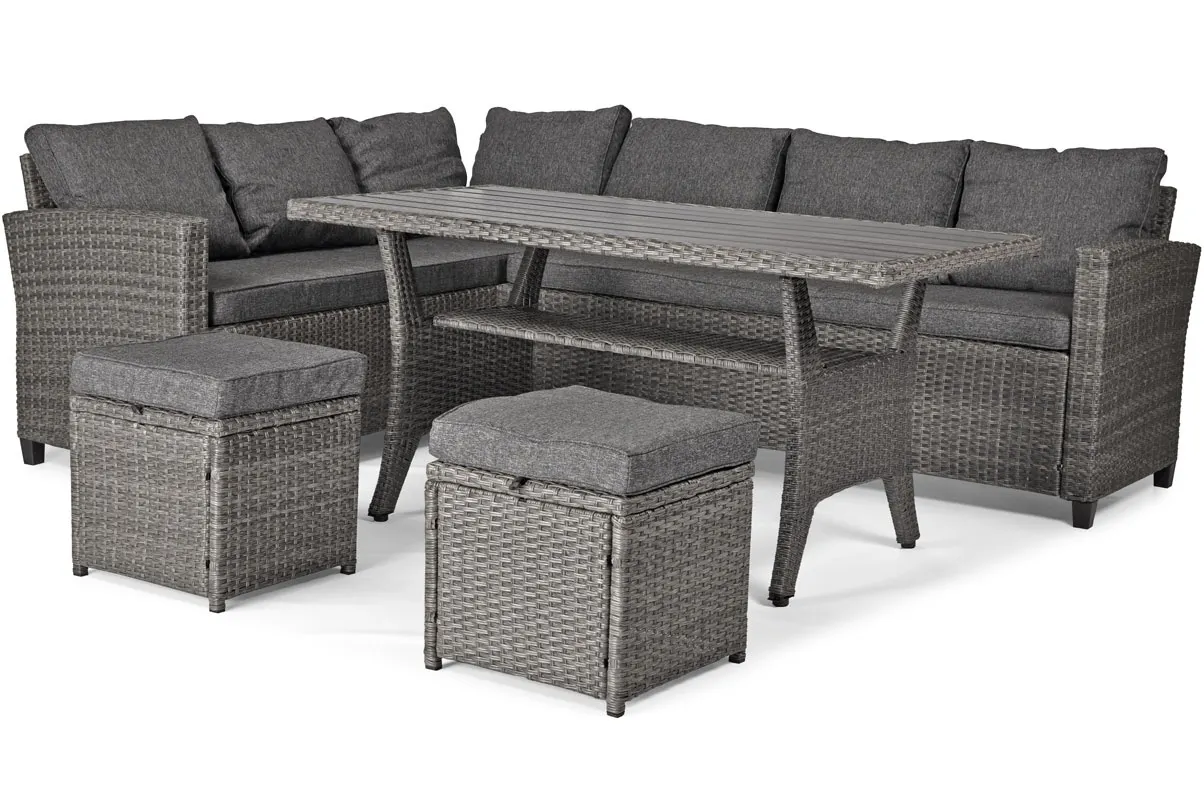 Zestaw ogrodowy z technorattanu SZTOKHOLM PLUS narożnik 180x235 cm + stół 74x144 cm + 2 pufy - grafitowy