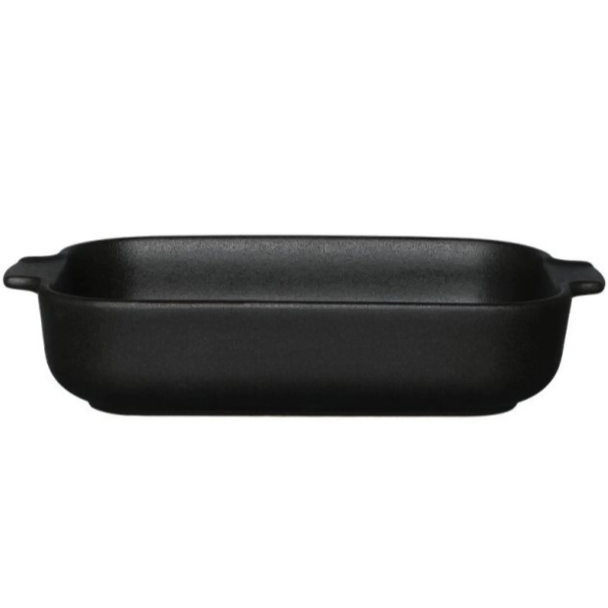 image naczynie żaroodporne, garnek żeliwny, czarny kolor, prostokątny kształt, płaska powierzchnia