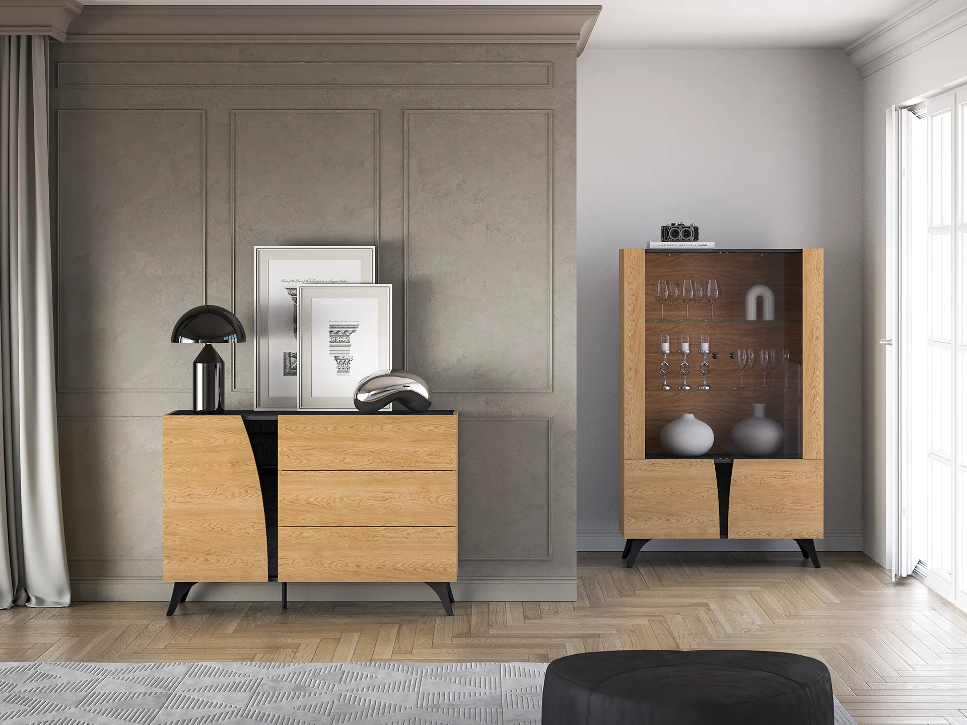 Komoda 1-drzwiowa z 3 szufladami TOSCANIA 05 dąb baltic dune jesion prestige czarny - 1TOSC05-001