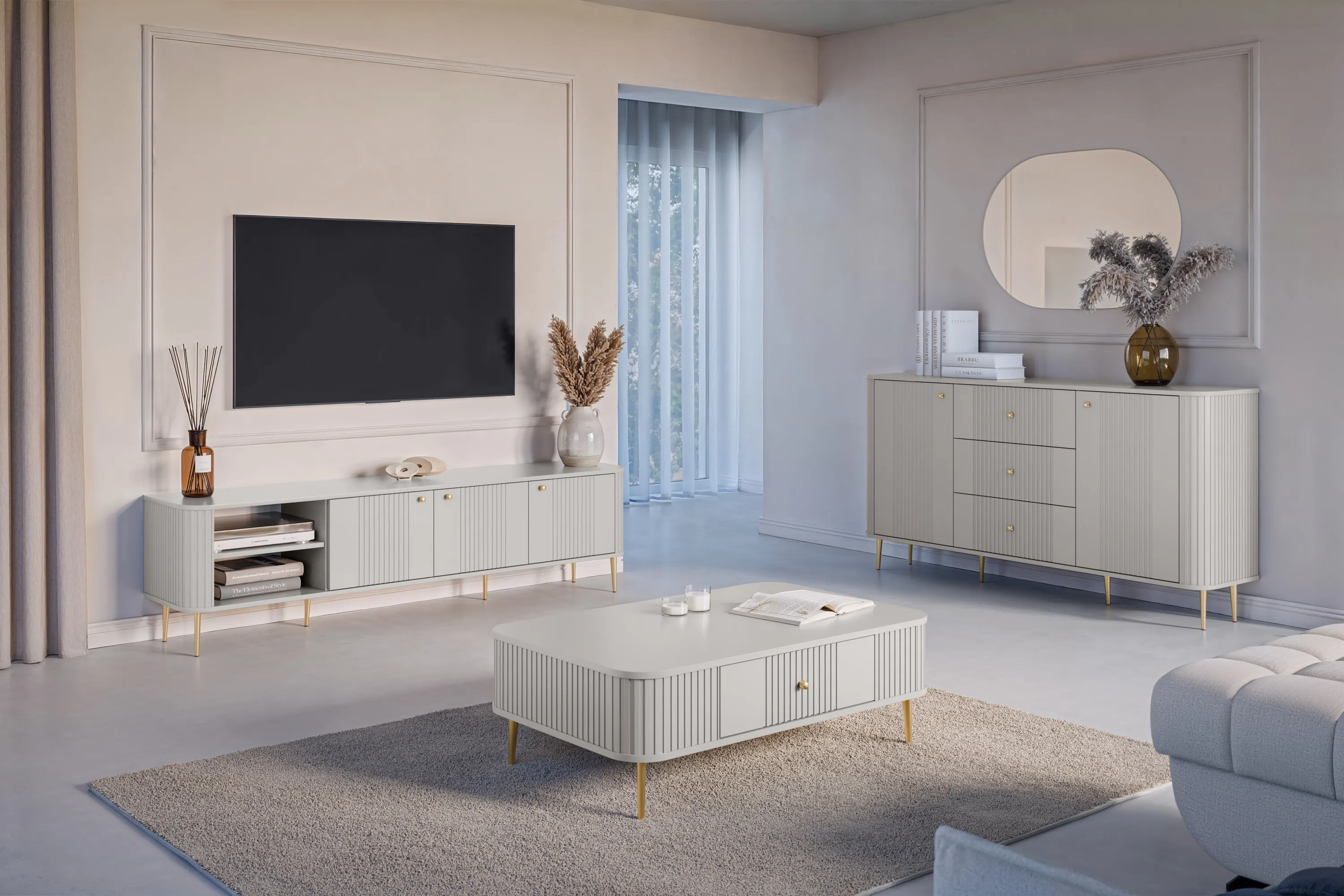 Komoda 2-drzwiowa z 3 szufladami VESPER 160 ryflowany front cashmere złote nogi - B_163596