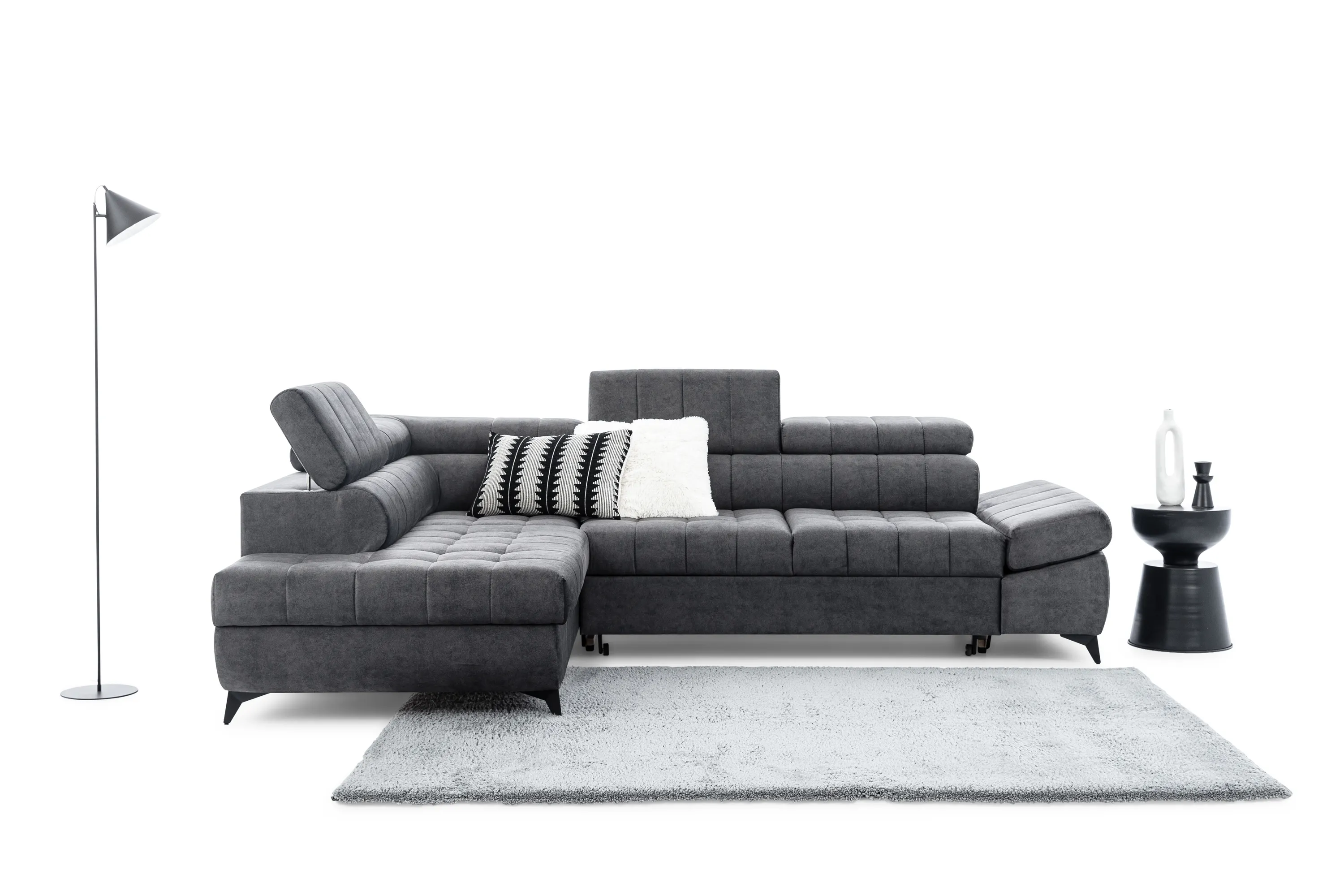 Narożnik rozkładany lewostronny VALORIS (Zetta 305) 280x200 cm regulowane zagłówki i podłokietniki grafitowy - B_162430