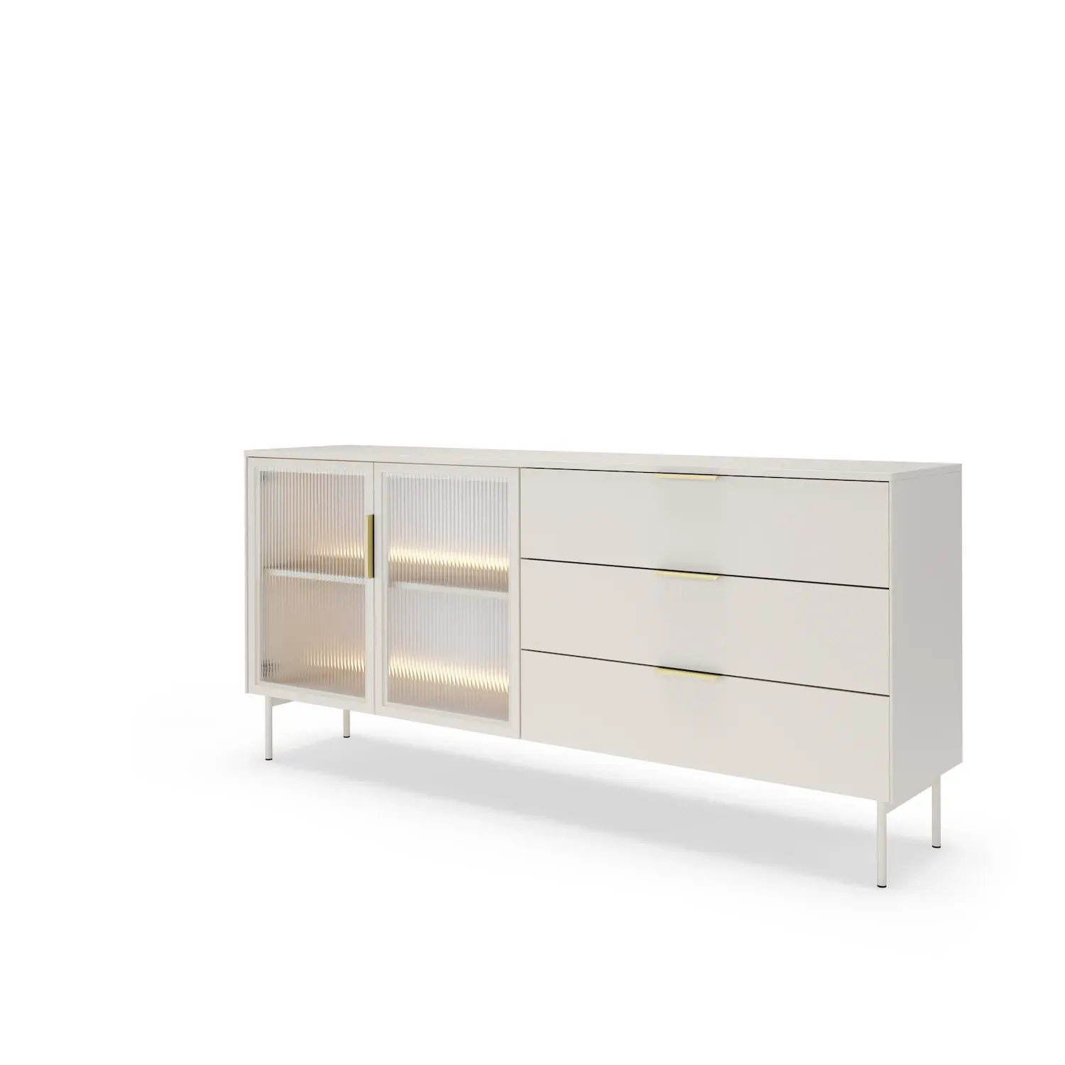 Komoda z przeszkleniem 2-drzwiowa z 3 szufladami LUMI 181cm LED kaszmir złoty uchwyt