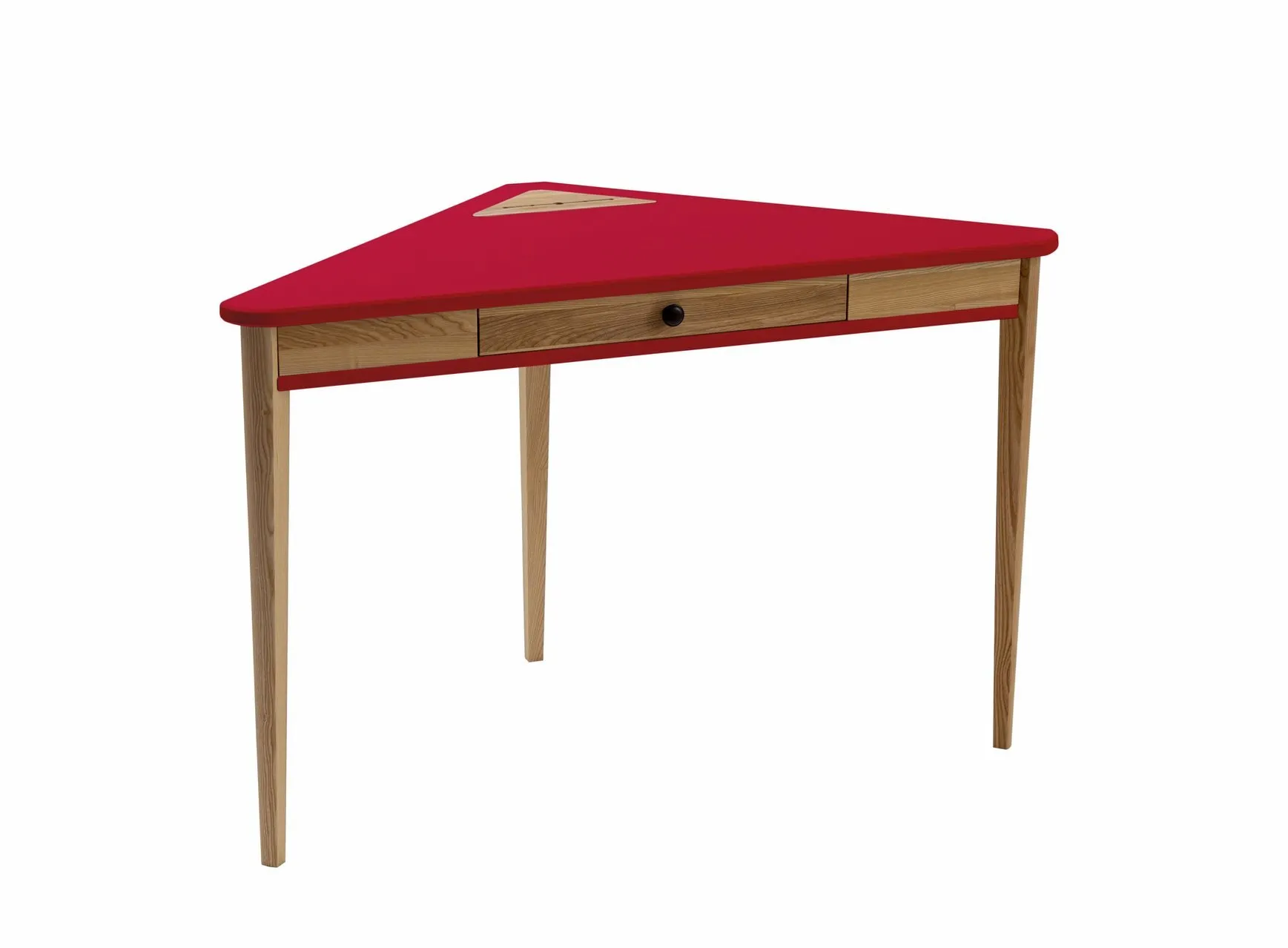 Biurko narożne z szufladą ASHME 114x85 czerwony blat/jesionowe nogi