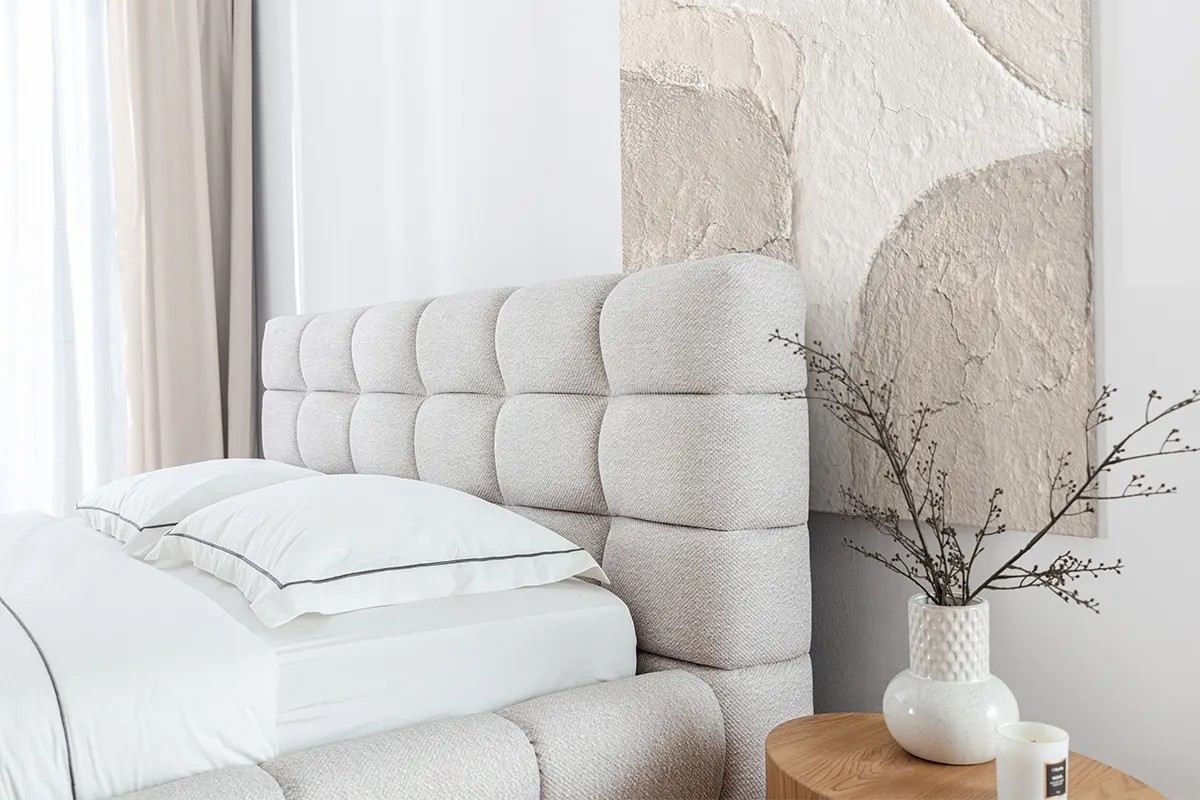 Łóżko bez pojemnika MAGNELIO tapicerowane 160x200 tkanina Raven 22 kremowe - B_166595