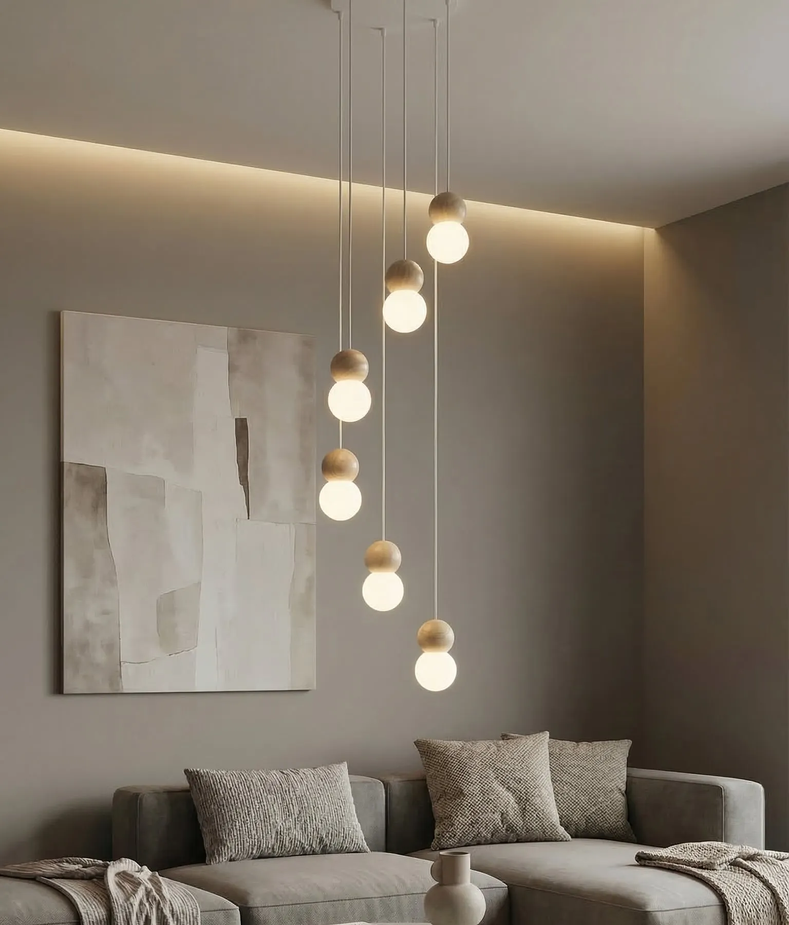 image lampa wisząca, kule świecące, oświetlenie salónowe, kinkiet wiszący, wnętrze minimalistyczne