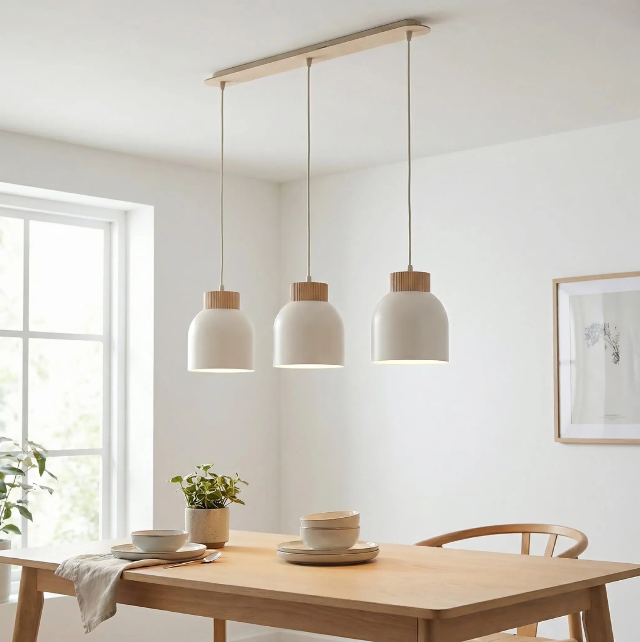 image lampa wisząca, trzy lampy, drewniana osłona, kuchenna stylistyka, minimalizm