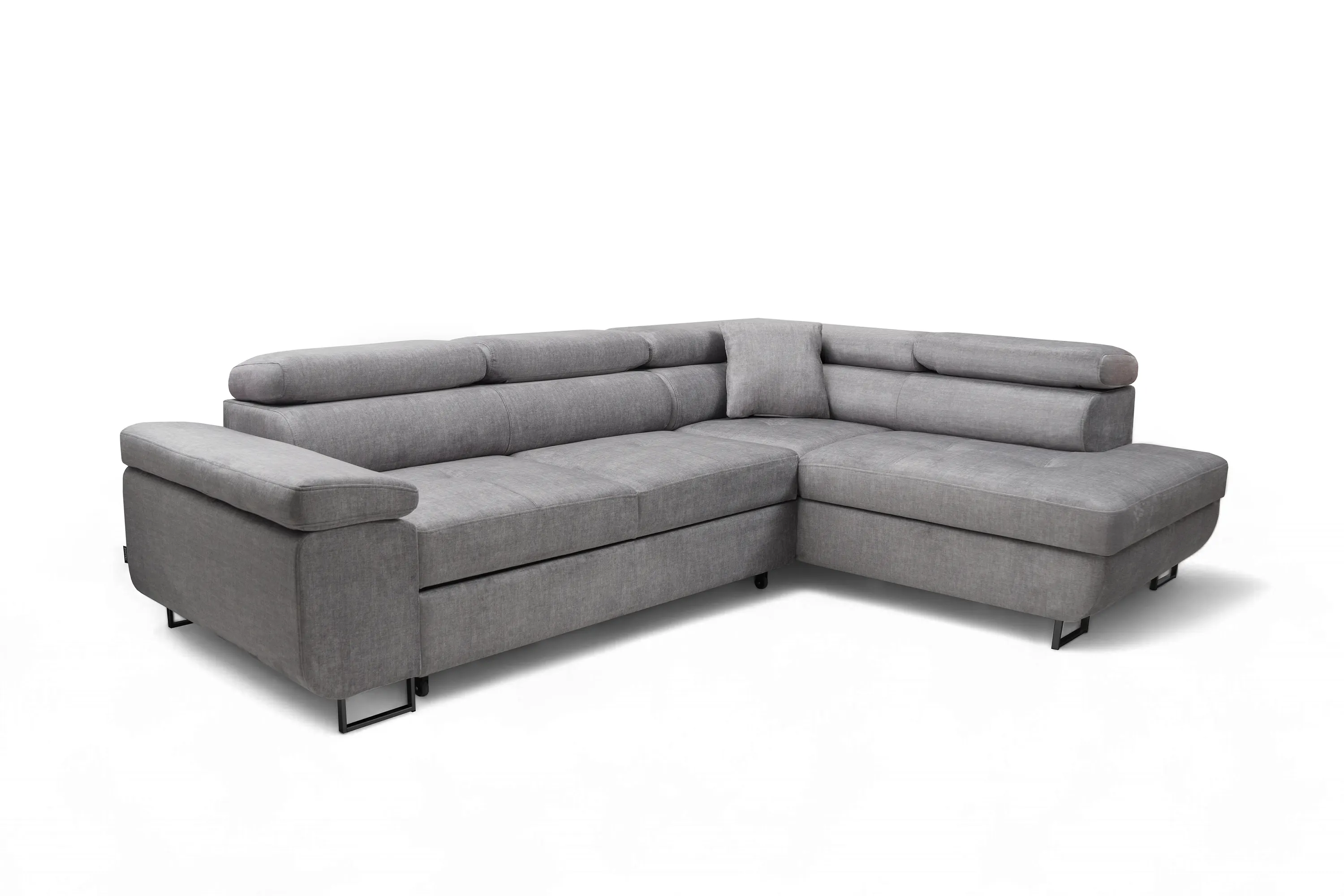 Narożnik prawostronny ANNABELLE L regulowane zagłówki nogi czarne tkanina Vogue 14 szary - B_165780