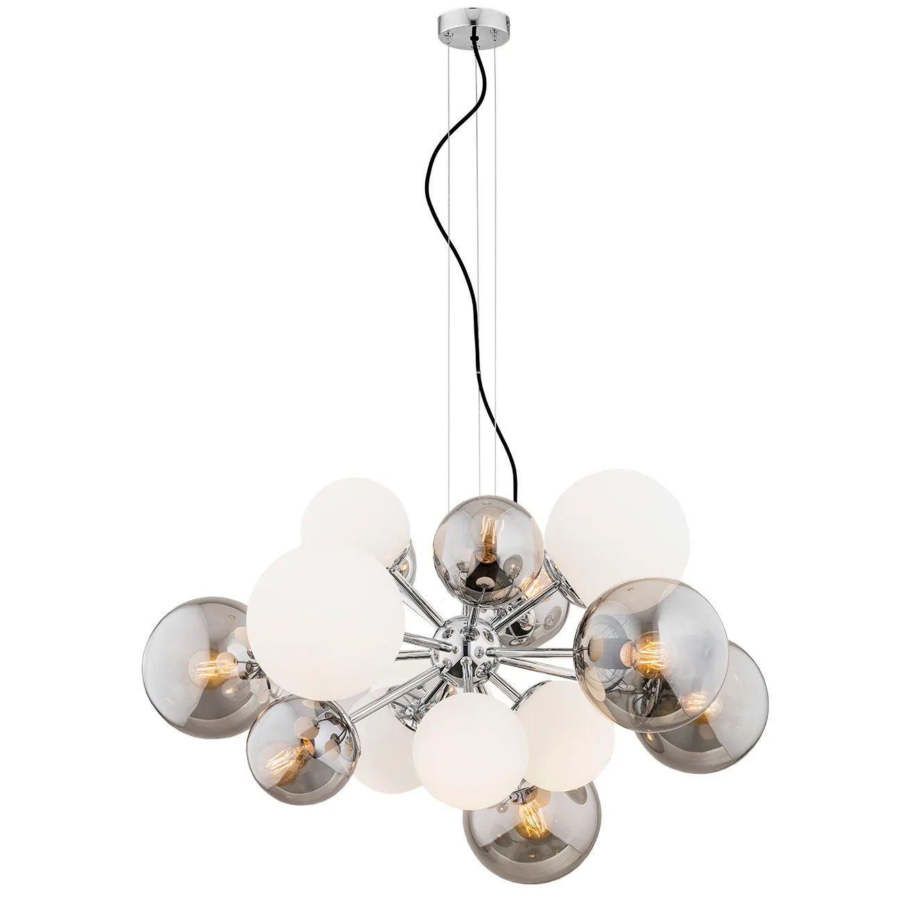 Żyrandol SATELITE wiszący chromowany mix białe lustrzane klosze 150x87cm