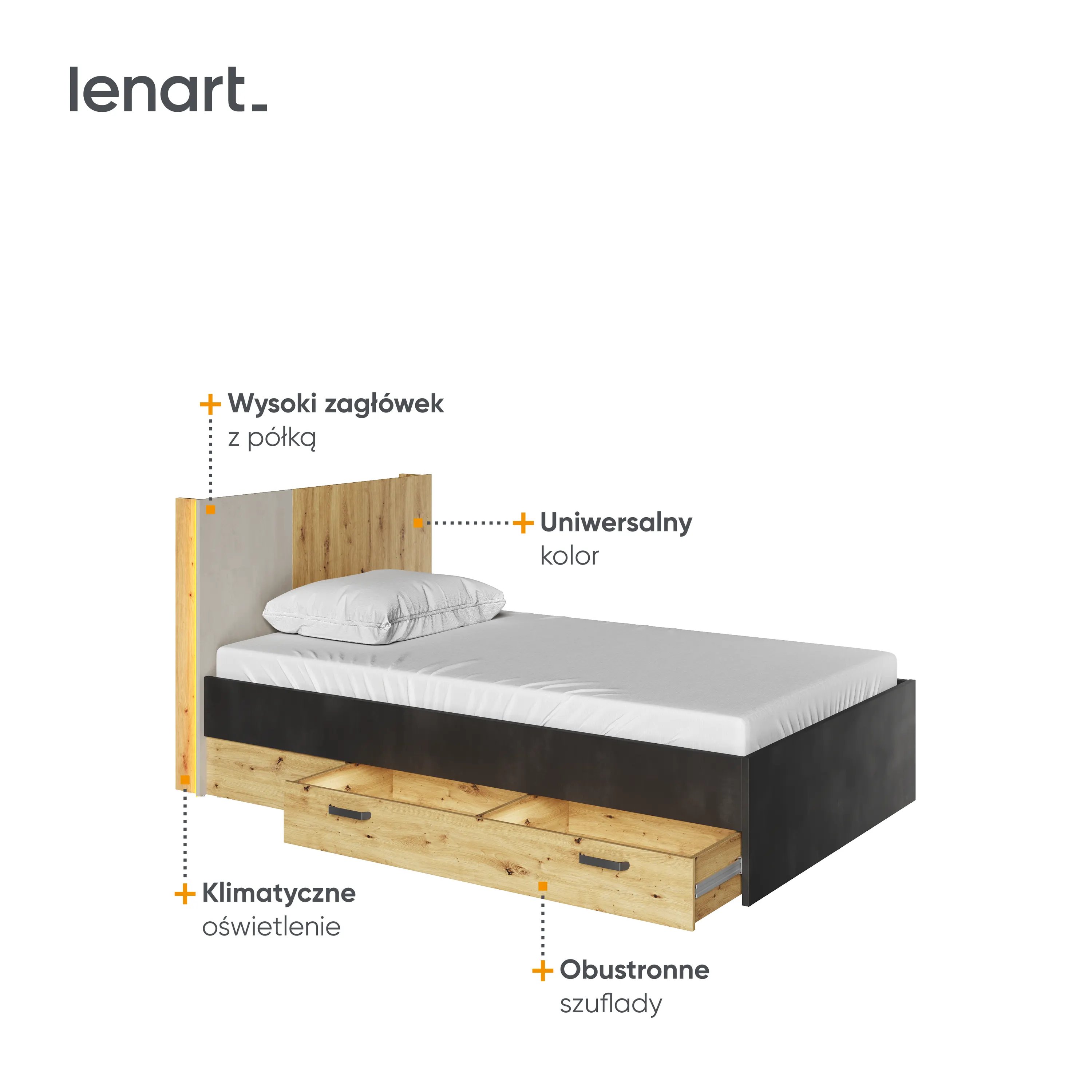 Łóżko ze stelażem LED Qubic QB-11 120x200 dąb artisan - QB11DAR