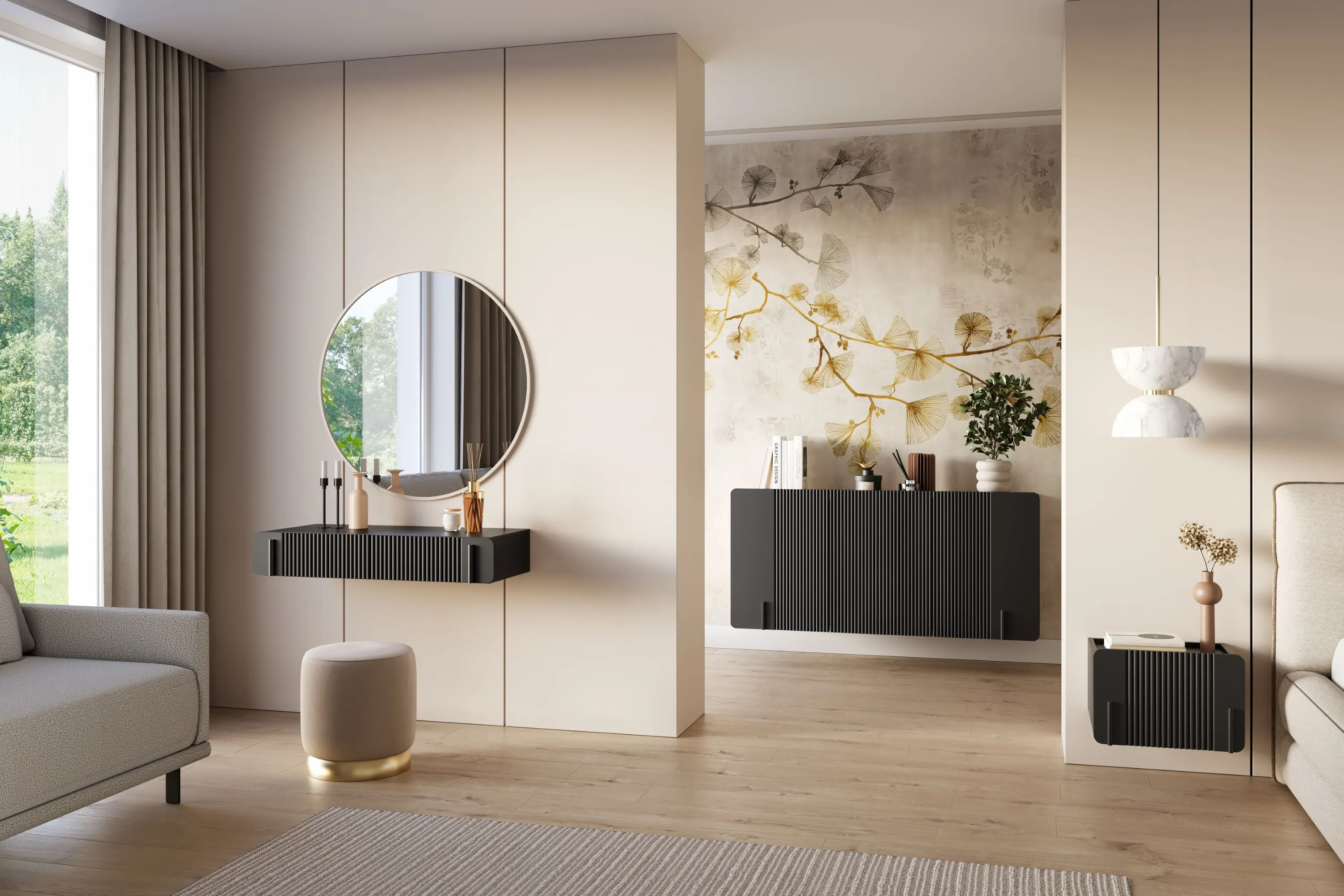 Toaletka wisząca z 2 szufladami MALMI ryflowany front 100cm - czarna - B_166959