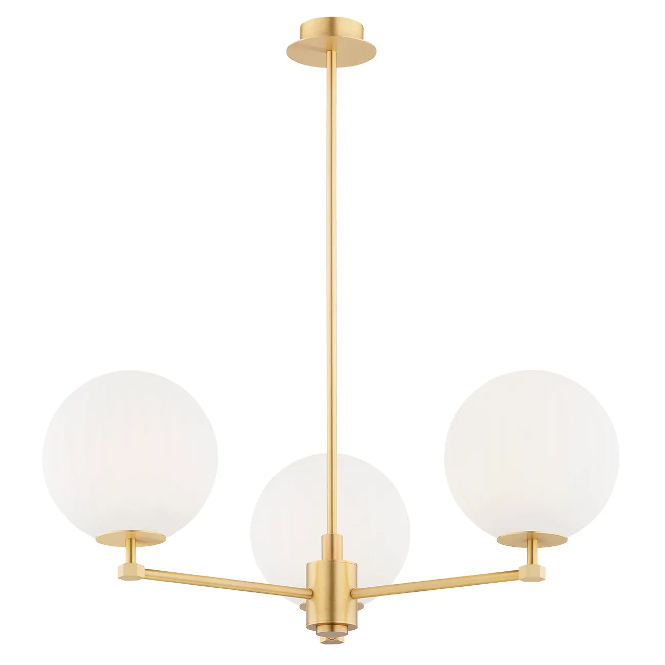 image lampa wisząca, trzy kule, mosiądz, biała kula, trójramienna lampa